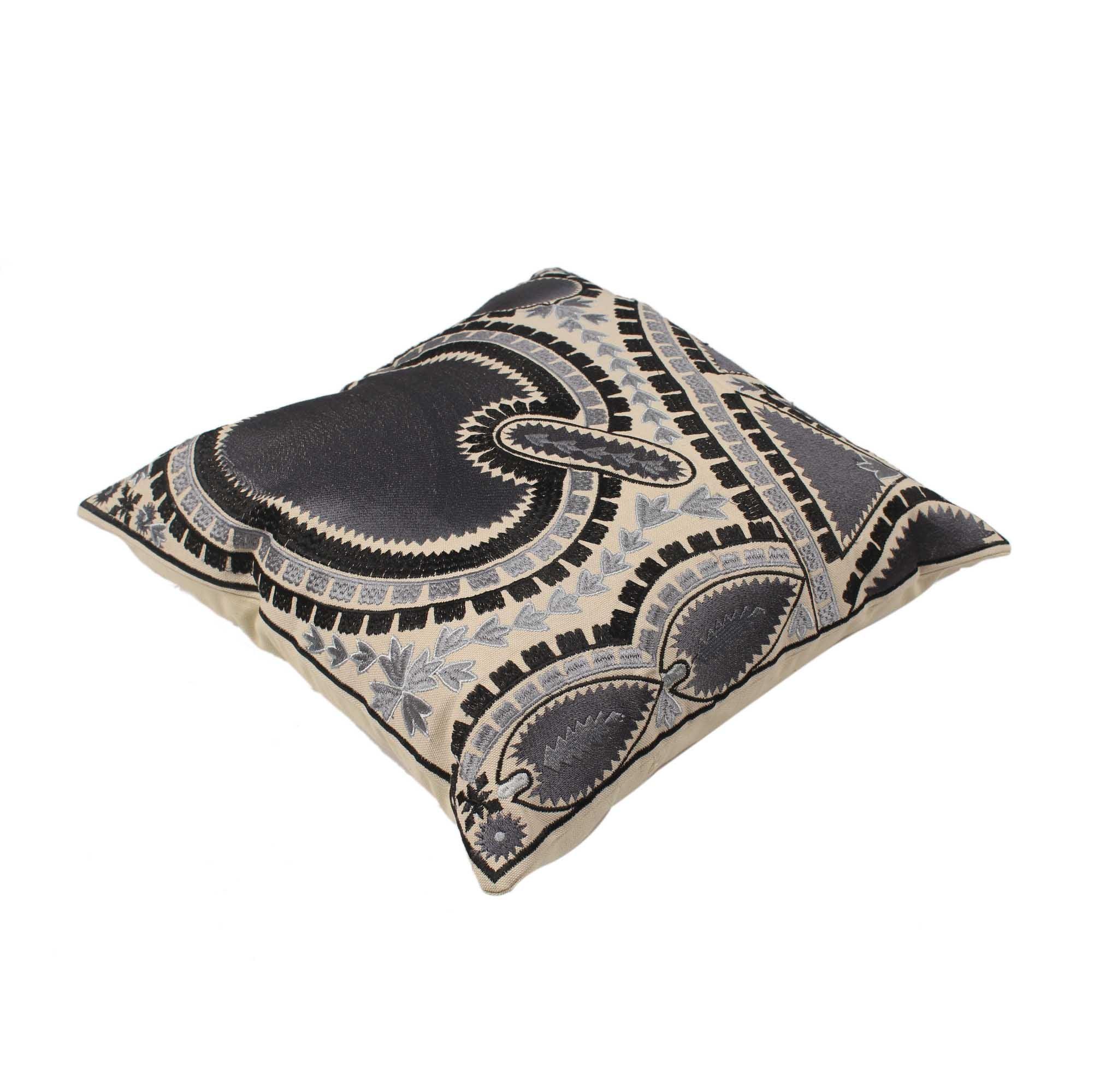 Grey Embroidered Cotton Multicolor Cushion Cover