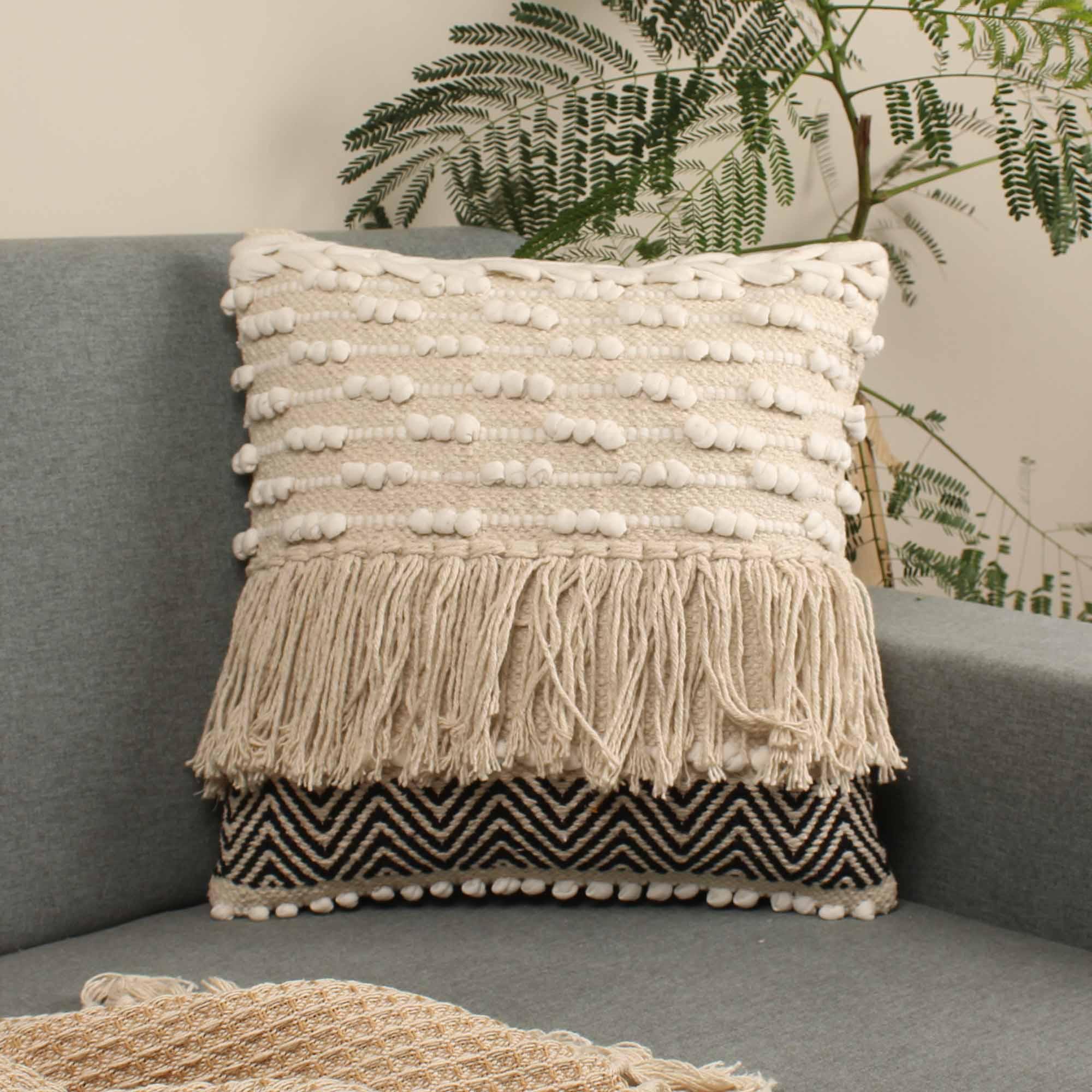 Tassle Hand-made Set of Two Cotton Cushion Covers - SanskrutiHomes