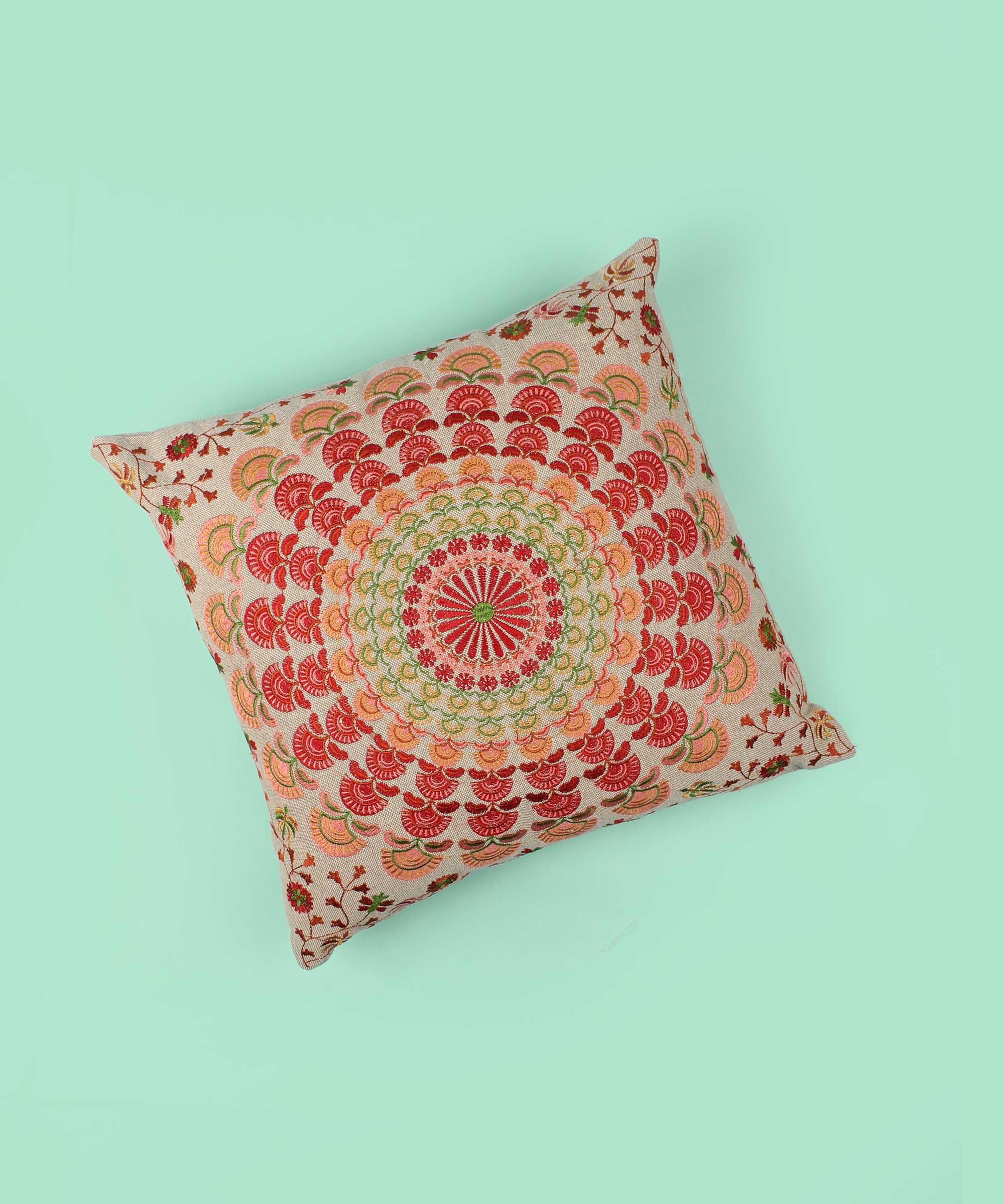 Hand Embroidered Cotton Multicolor Cushion Cover - SanskrutiHomes