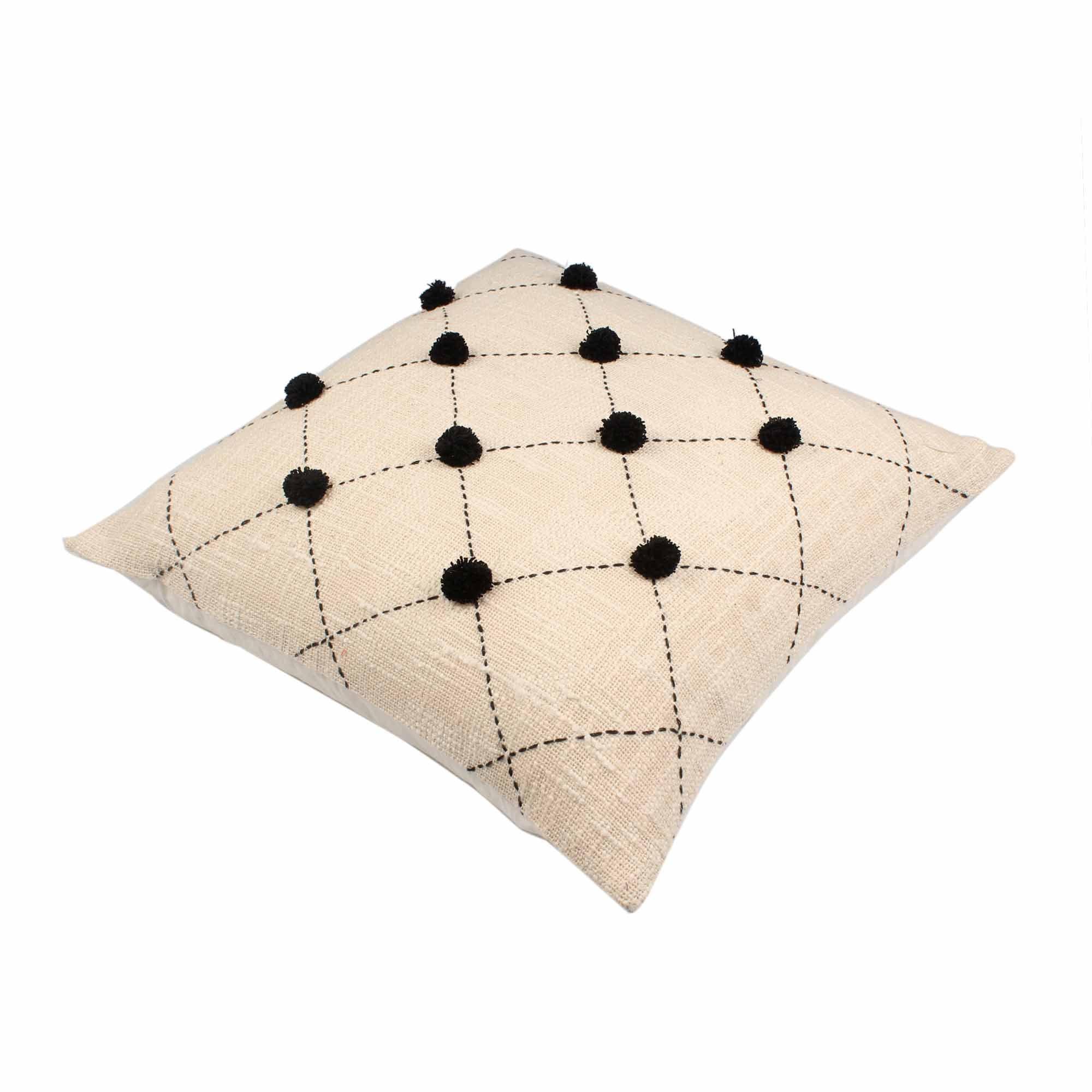 Off white pom-pom Hand-made Pure Cotton Cushion Cover - SanskrutiHomes
