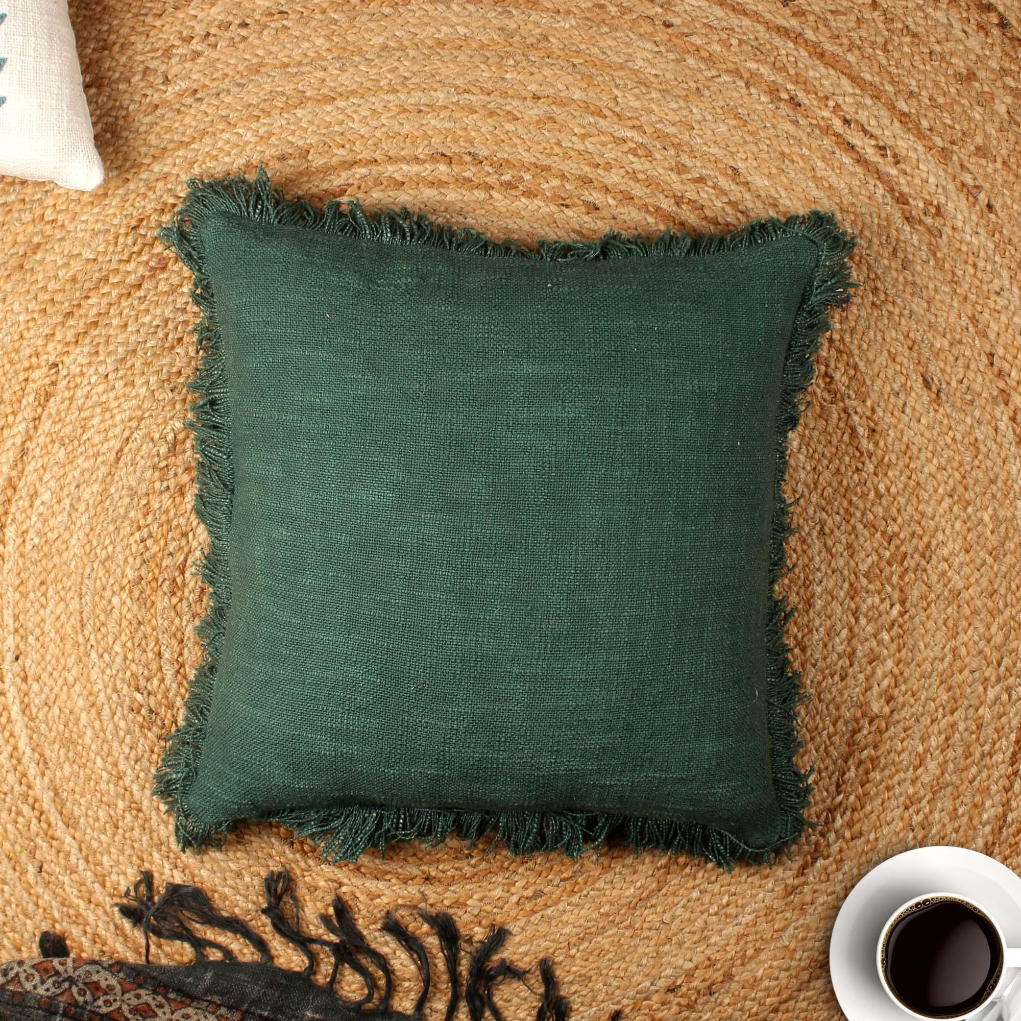 Bottle Green Hand-made Pure Cotton Cushion Cover - SanskrutiHomes