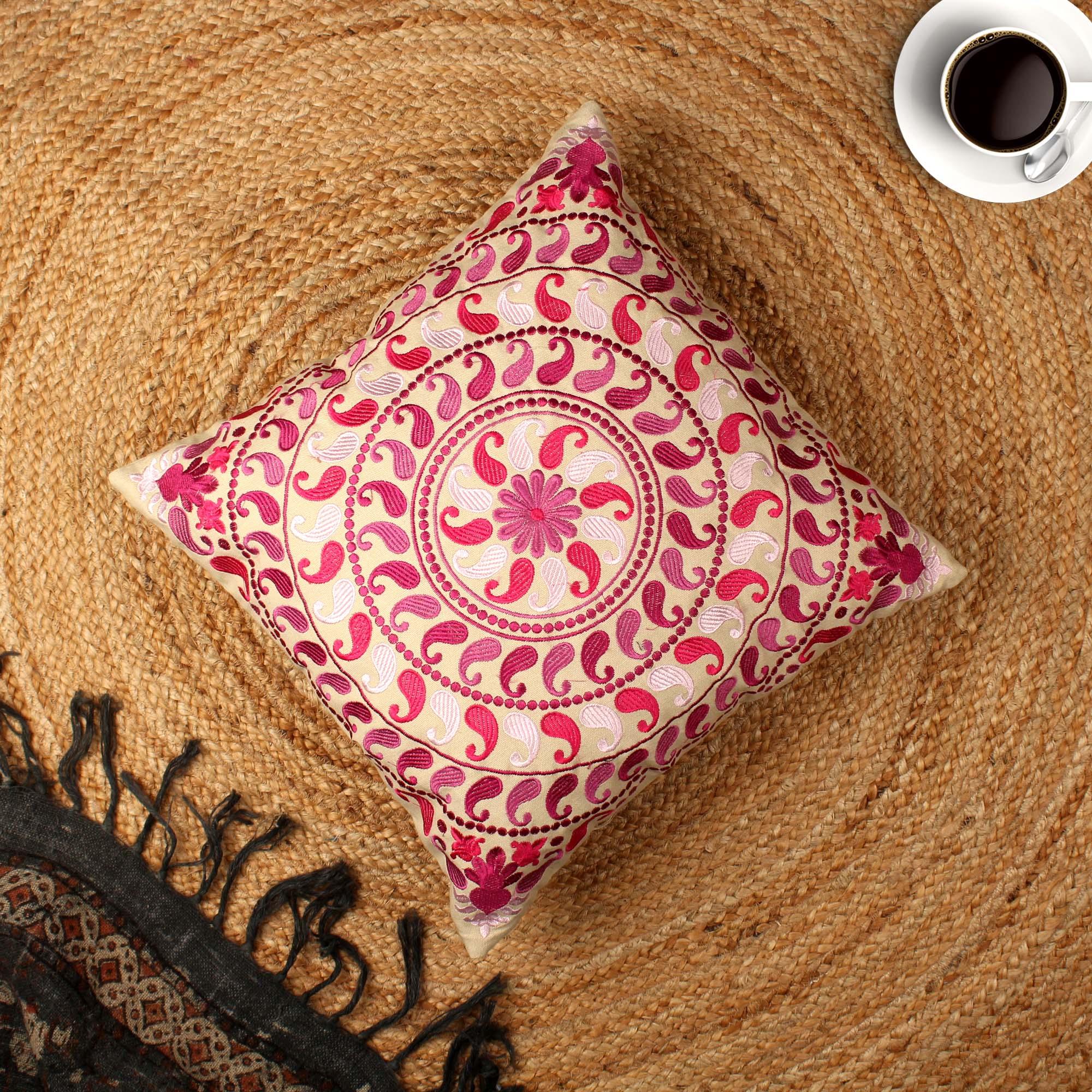 Multi-color Hand-made Cotton Embroidered Cushion Cover - SanskrutiHomes