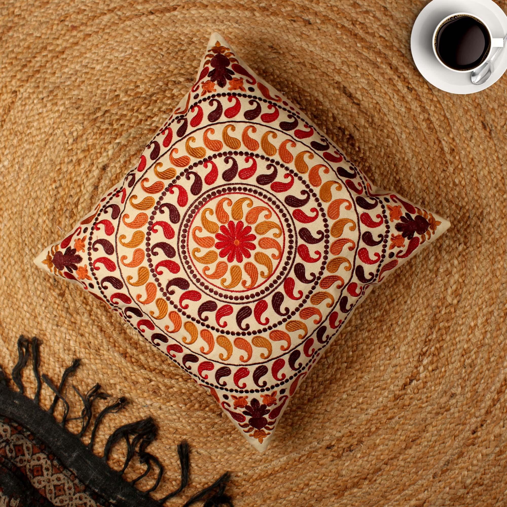 Hand-made Cotton Embroidered Cushion Cover - SanskrutiHomes