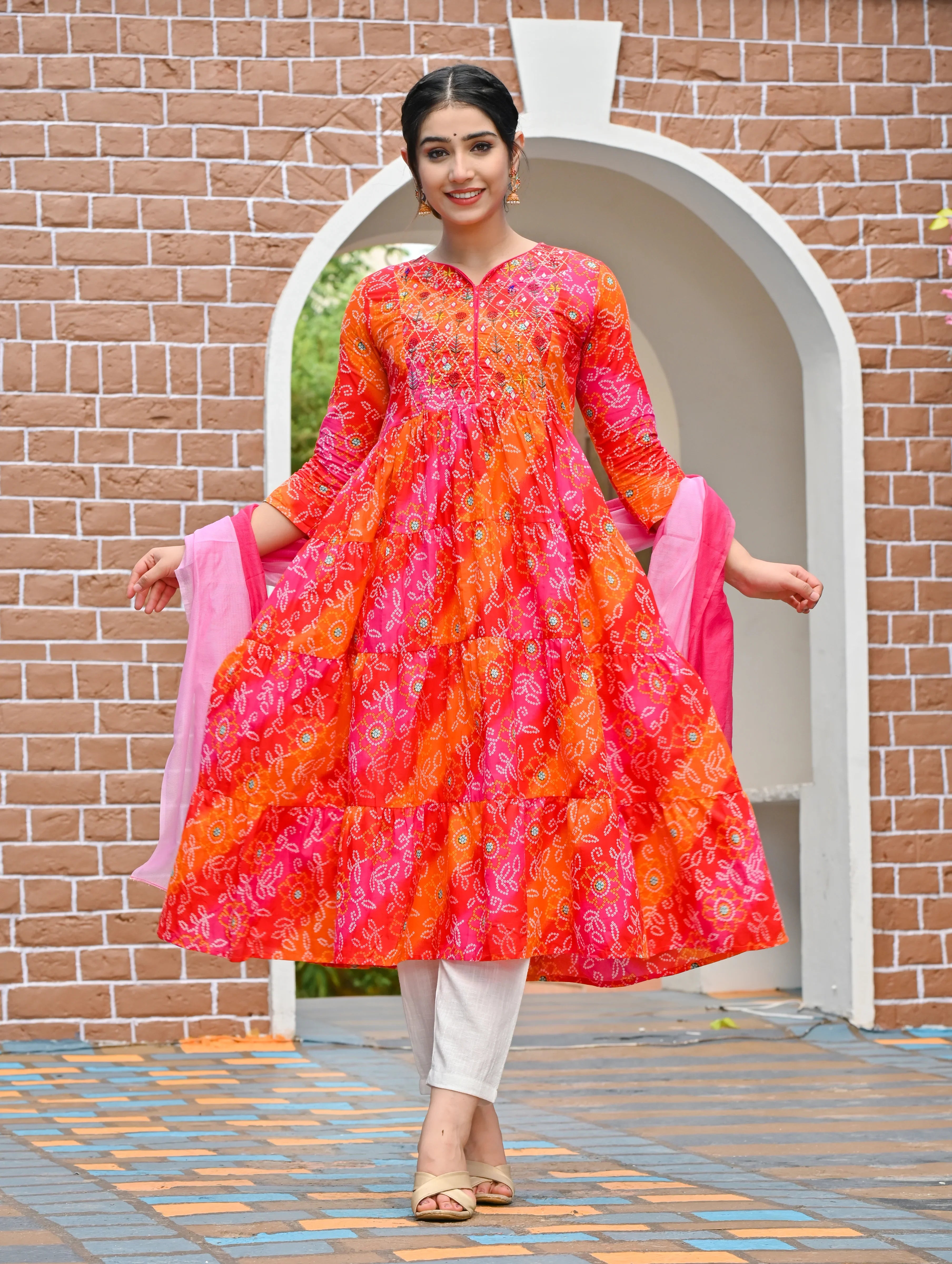 RangDeep Women set Bandhej Tier Dress - SanskrutiHomes