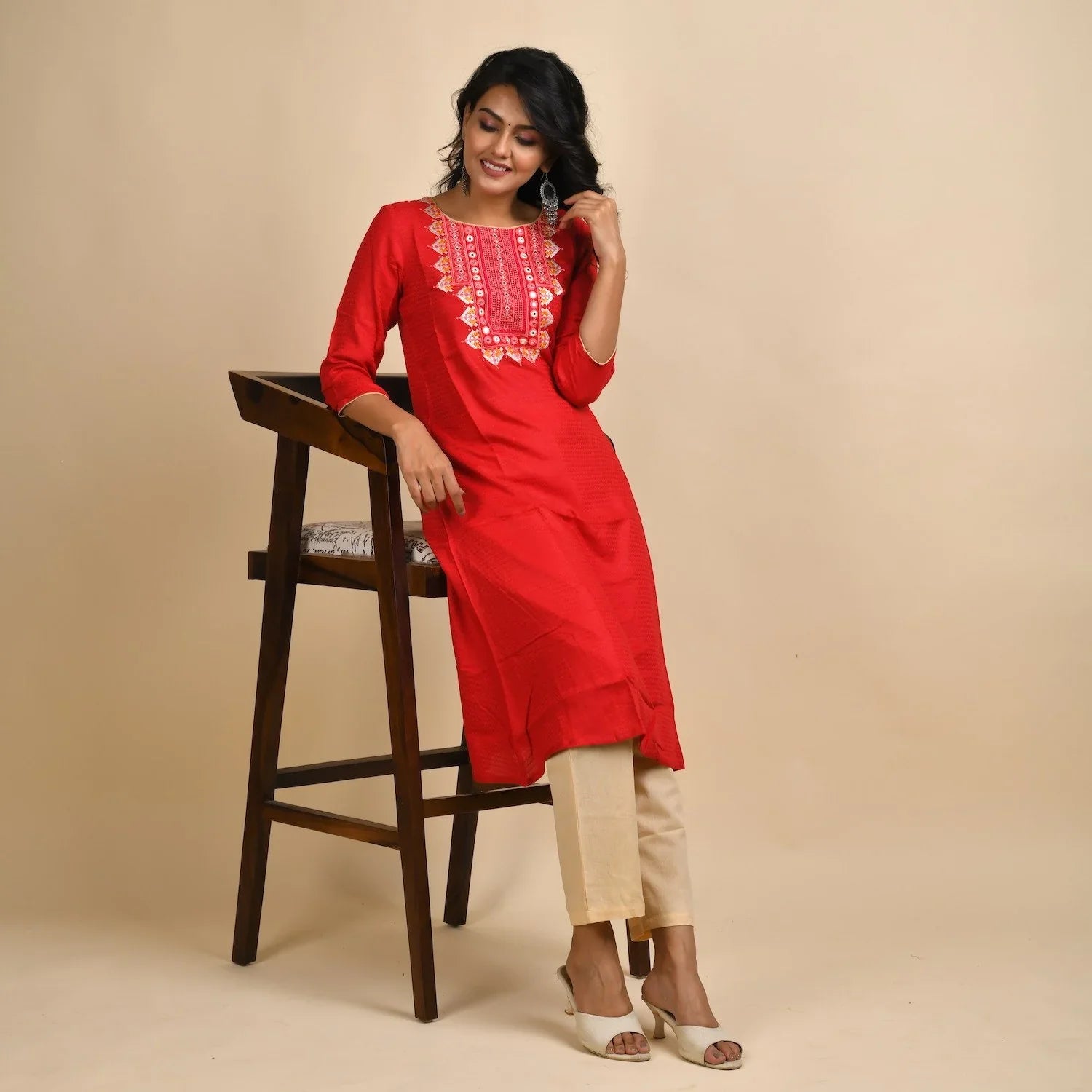 Rangdeep Women Rayon Red Embroidered Straight Kurti
