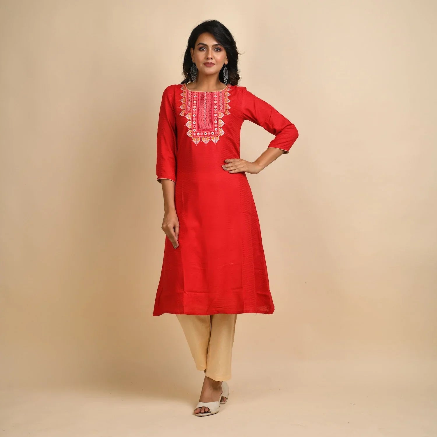 Rangdeep Women Rayon Red Embroidered Straight Kurti