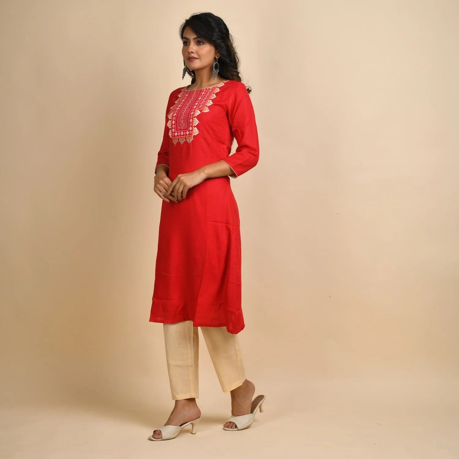Rangdeep Women Rayon Red Embroidered Straight Kurti