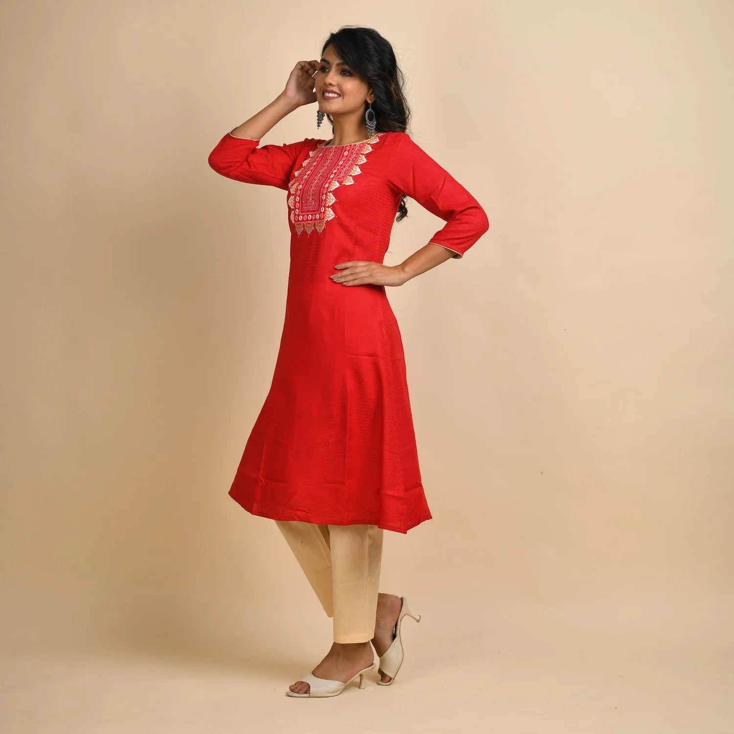 Rangdeep Women Rayon Red Embroidered Straight Kurti