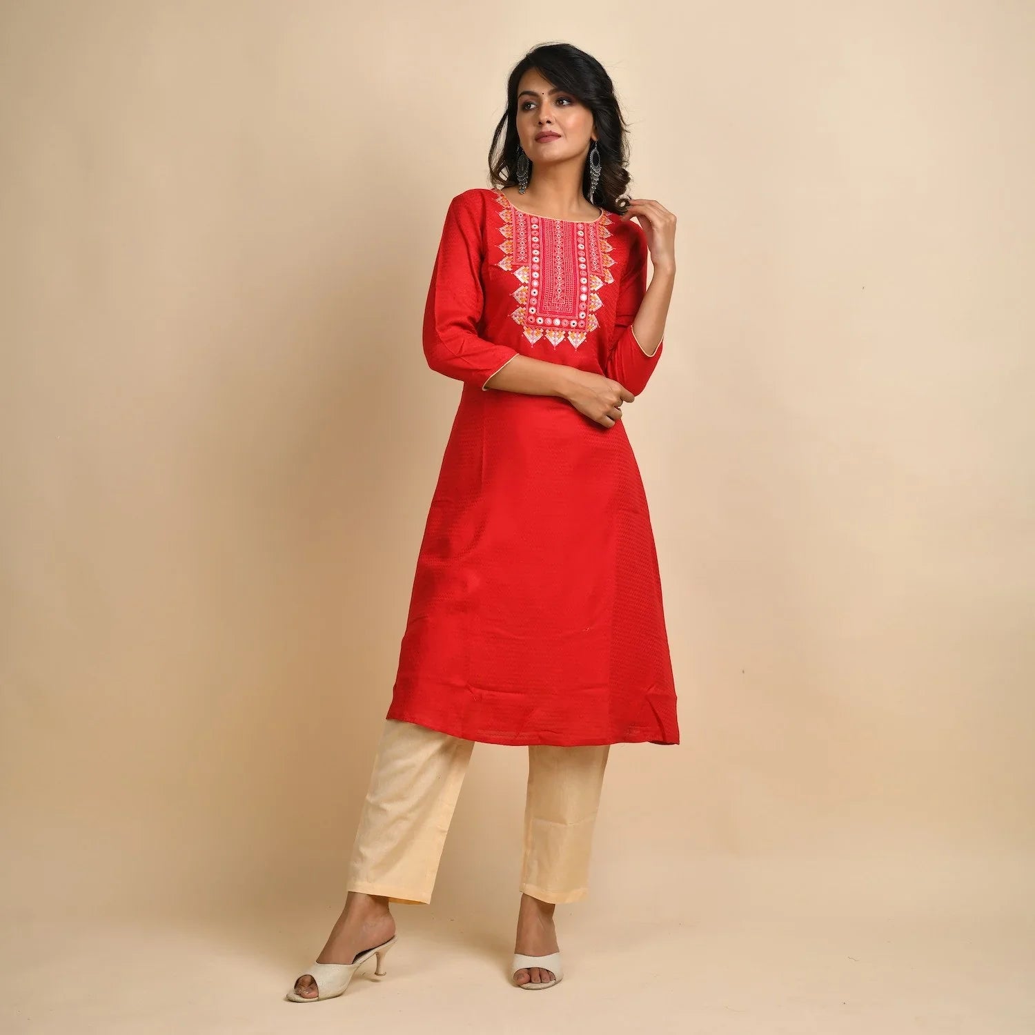 Rangdeep Women Rayon Red Embroidered Straight Kurti