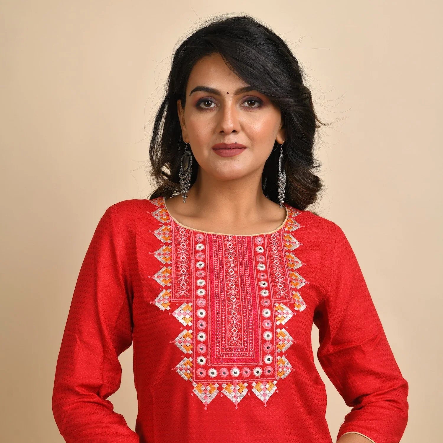 Rangdeep Women Rayon Red Embroidered Straight Kurti