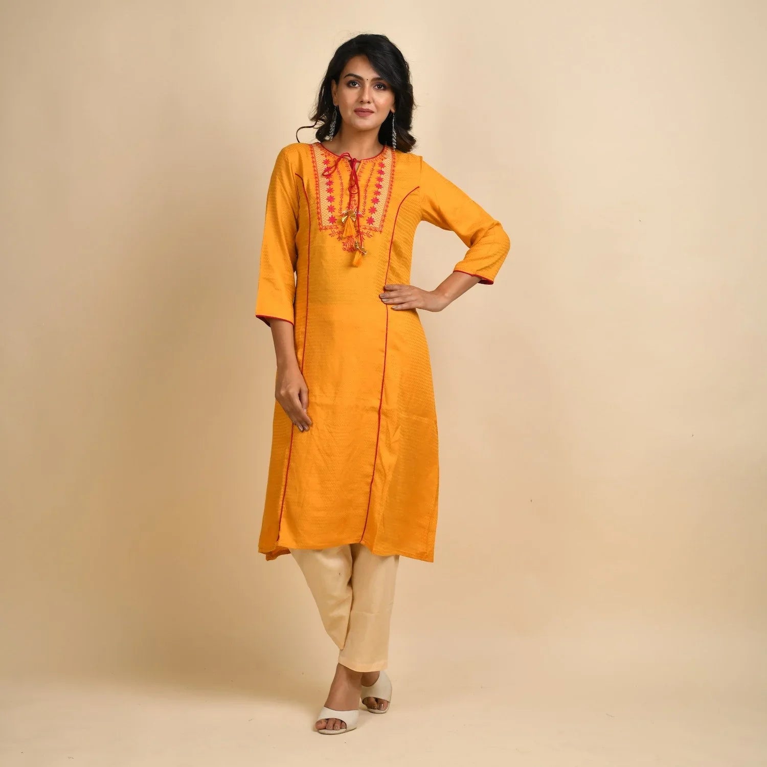 RangDeep Women Rayon Yellow Embroidered Straight Kurti - SanskrutiHomes