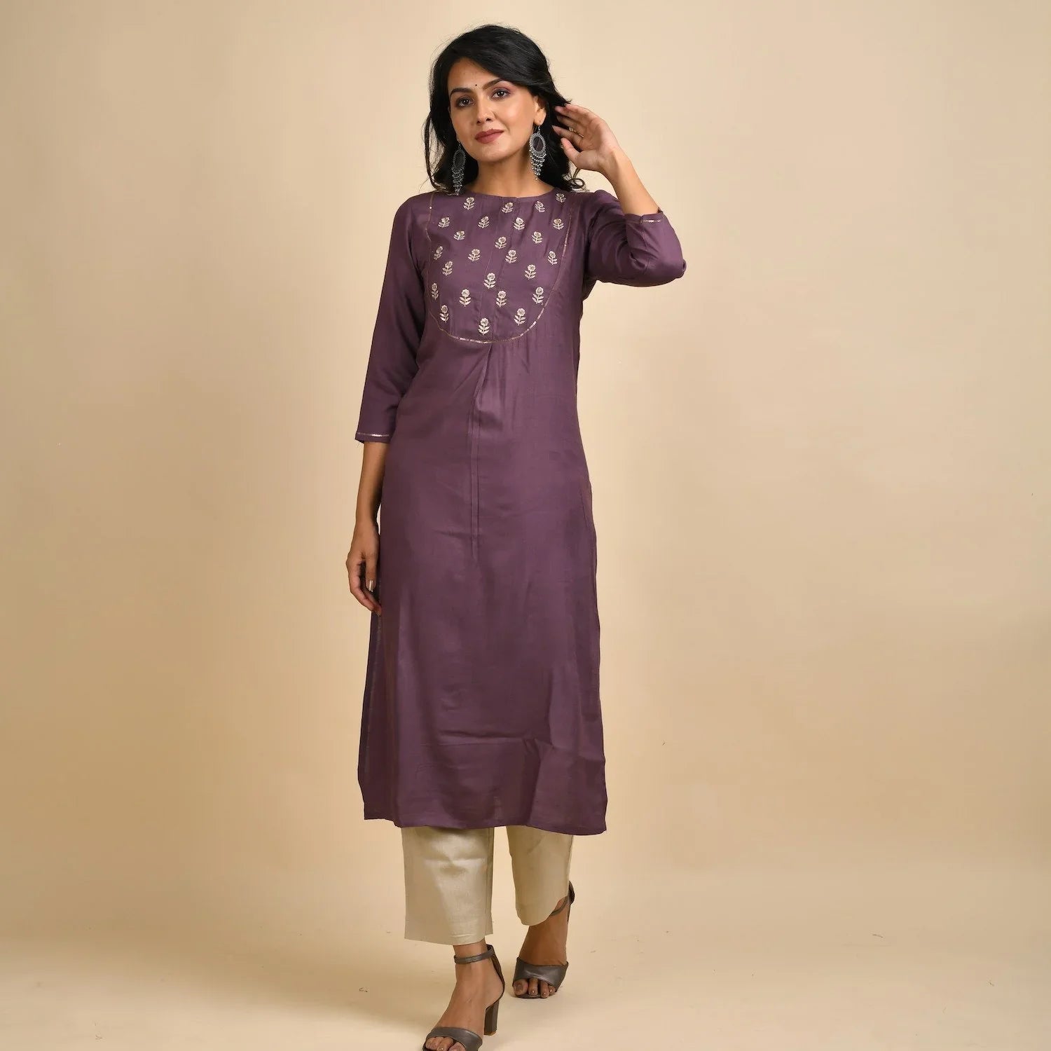 Rangdeep Women Rayon Embroidered Mauve Straight Kurti