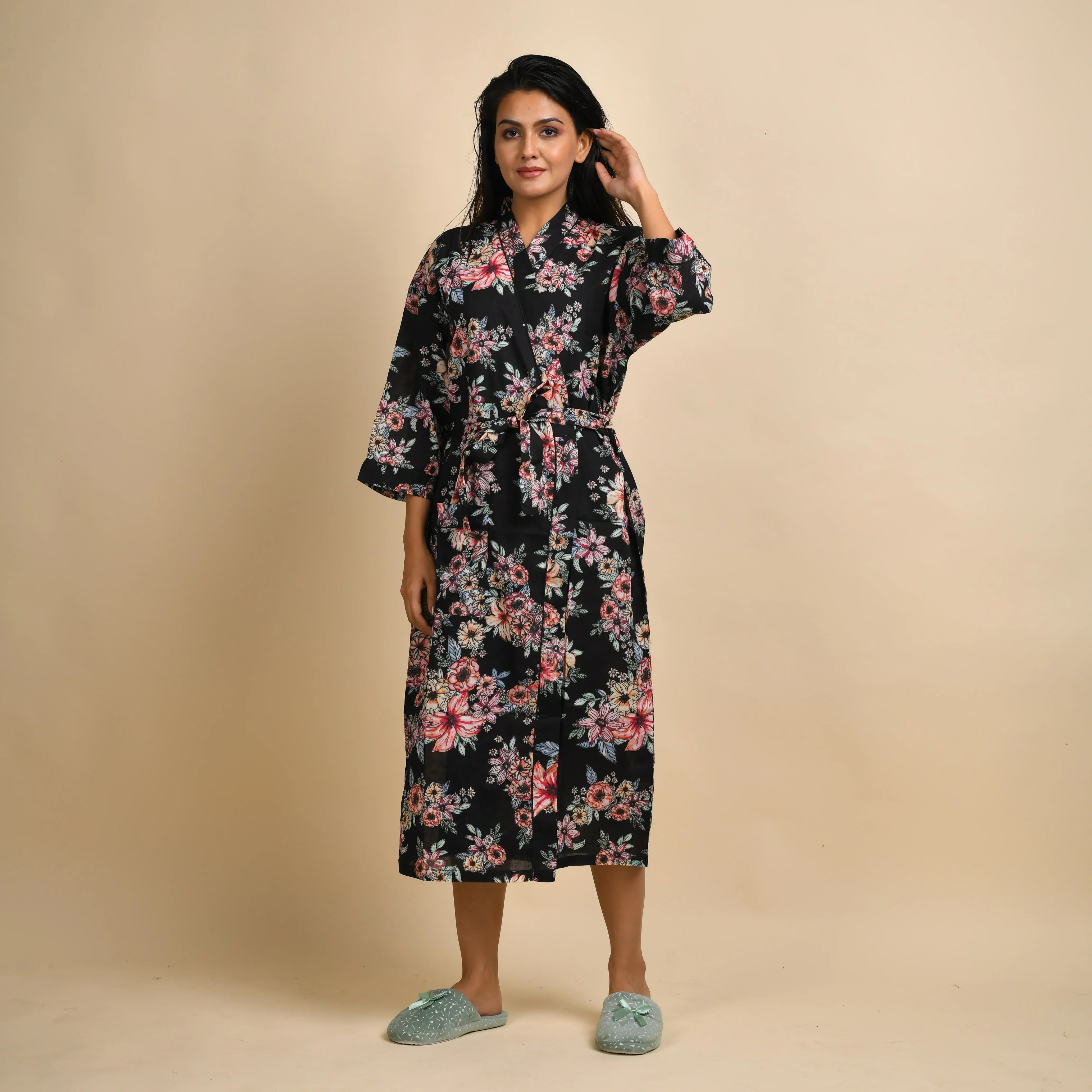 Black Cotton Hand printed kimono robe - SanskrutiHomes
