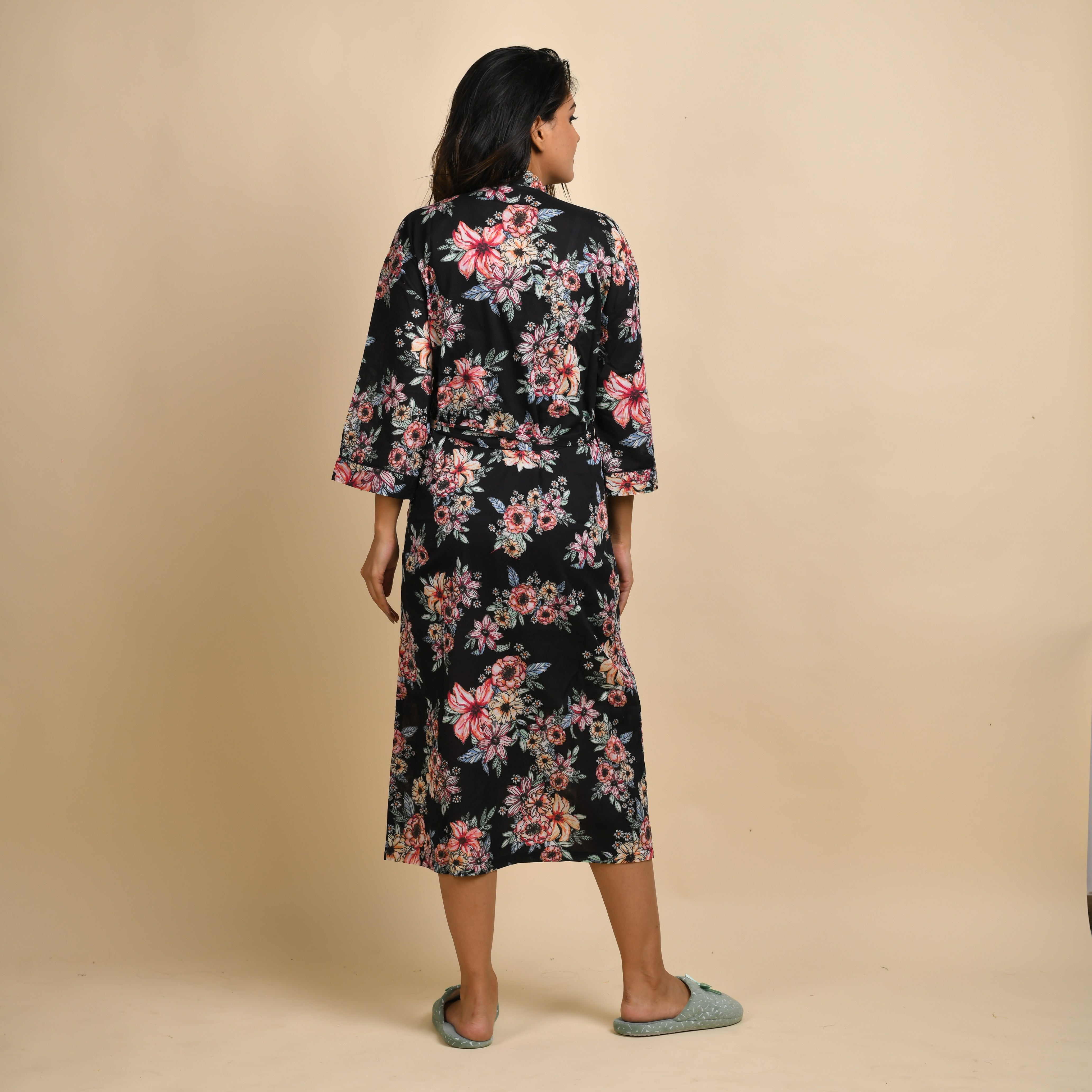 Black Cotton Hand printed kimono robe
