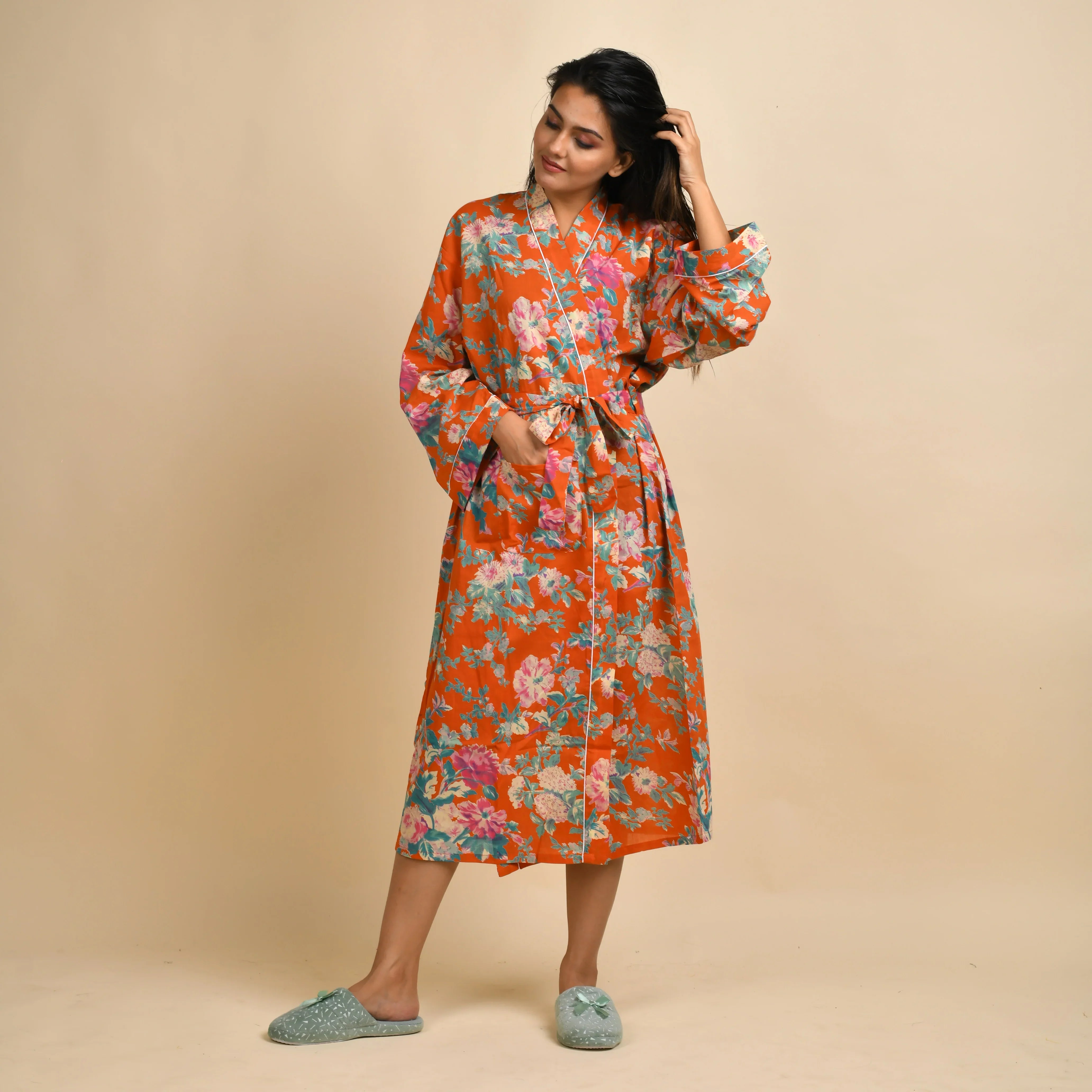 Orange Pure Cotton Hand printed kimono robe - SanskrutiHomes