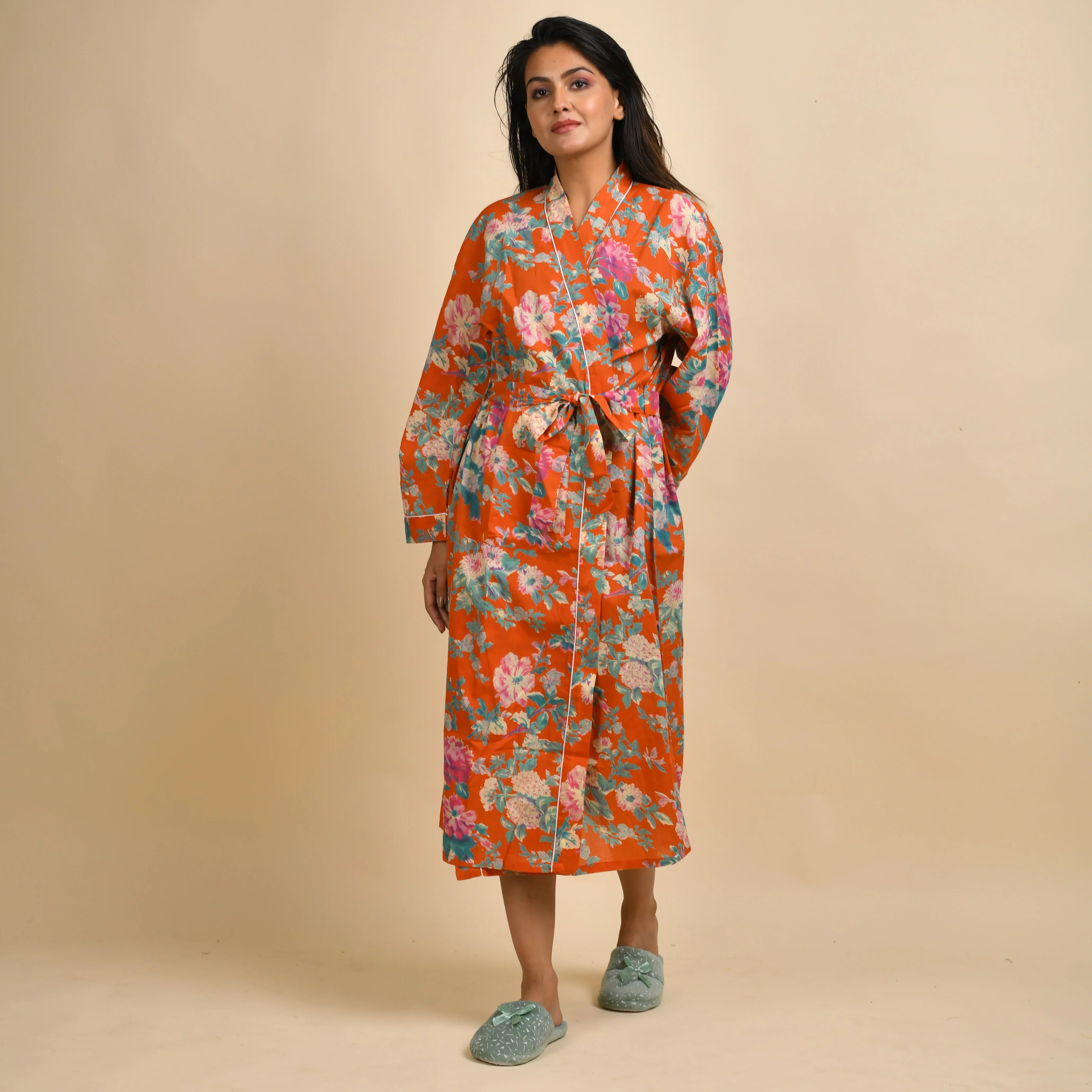 Orange Pure Cotton Hand printed kimono robe - SanskrutiHomes