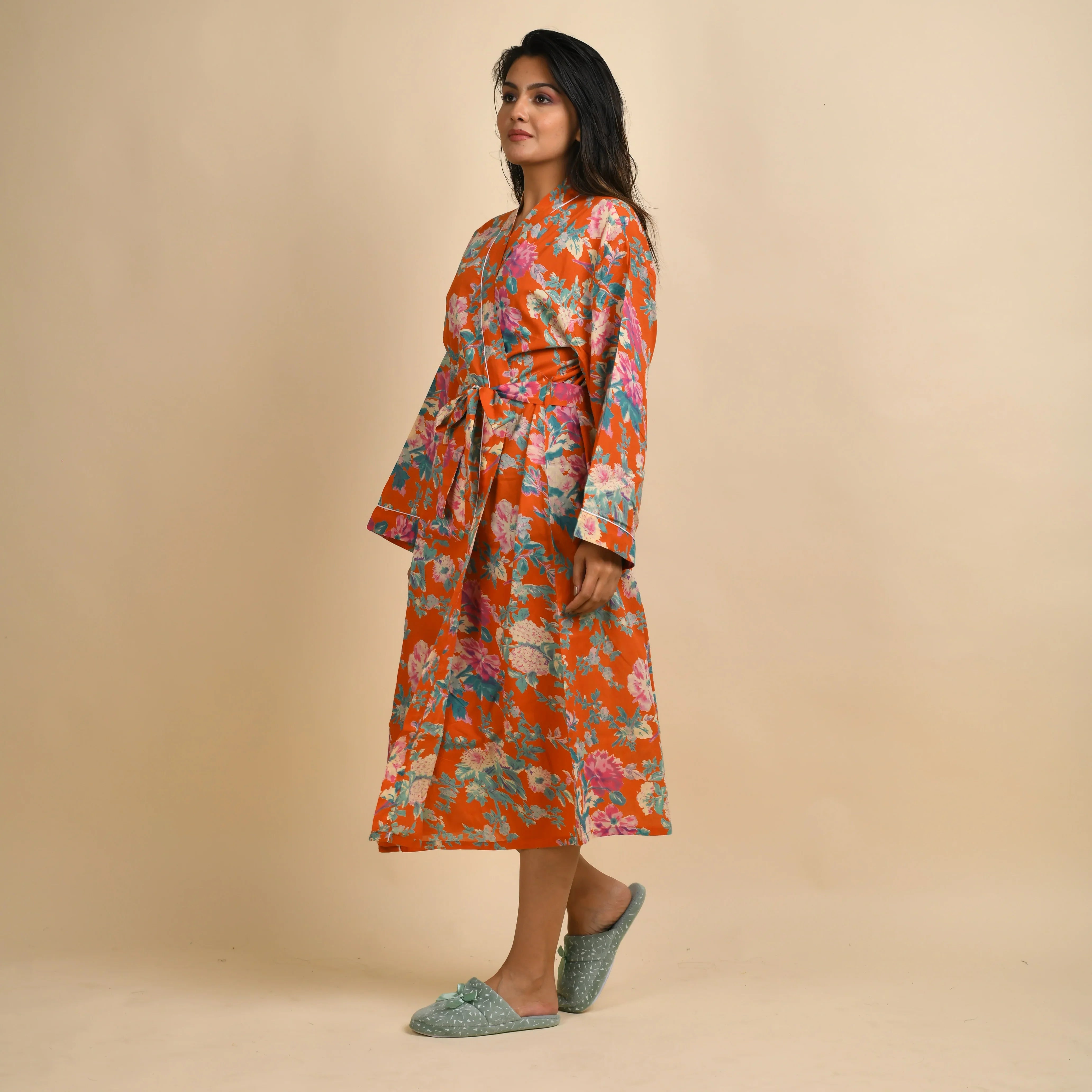 Orange Pure Cotton Hand printed kimono robe - SanskrutiHomes