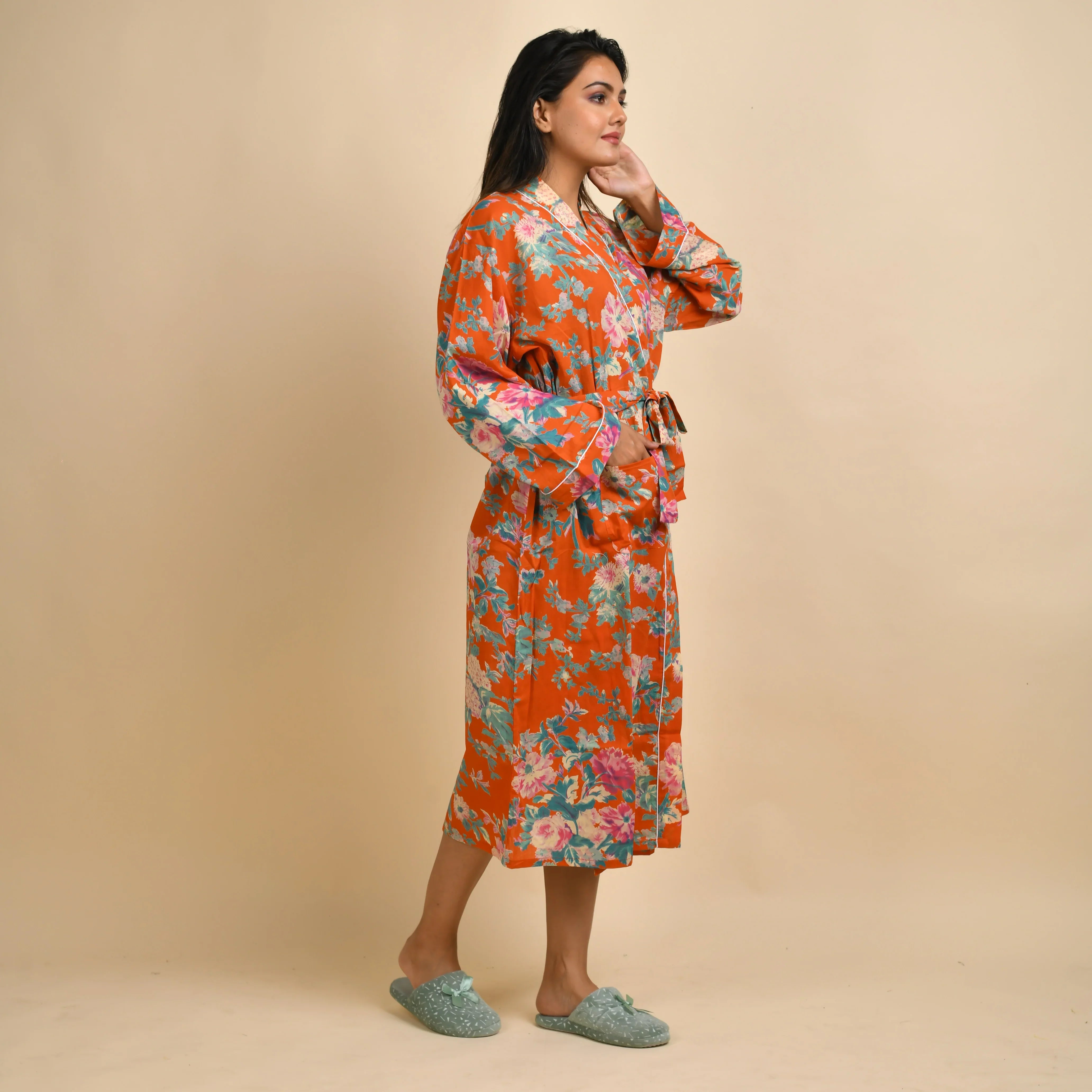Orange Pure Cotton Hand printed kimono robe - SanskrutiHomes