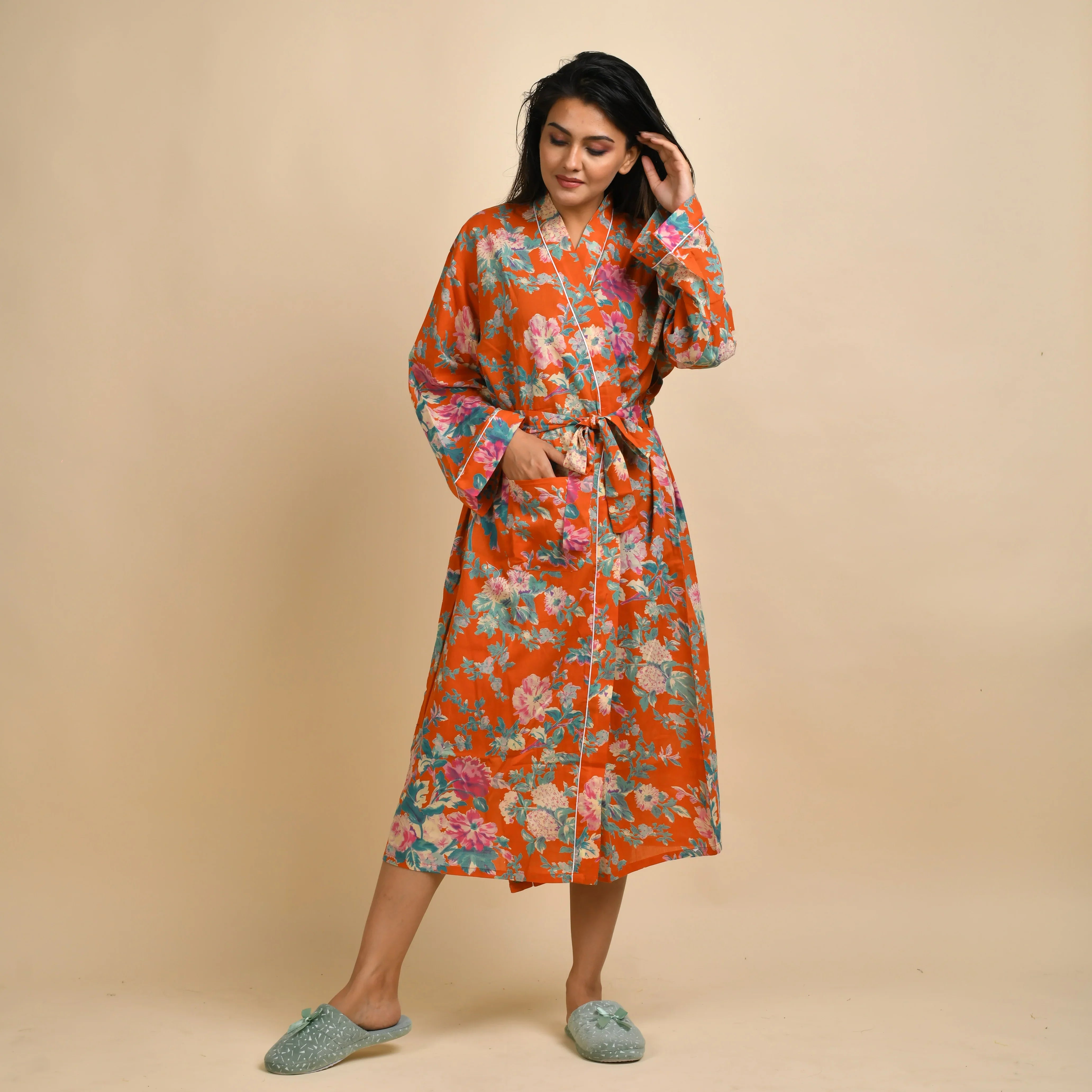 Orange Pure Cotton Hand printed kimono robe - SanskrutiHomes