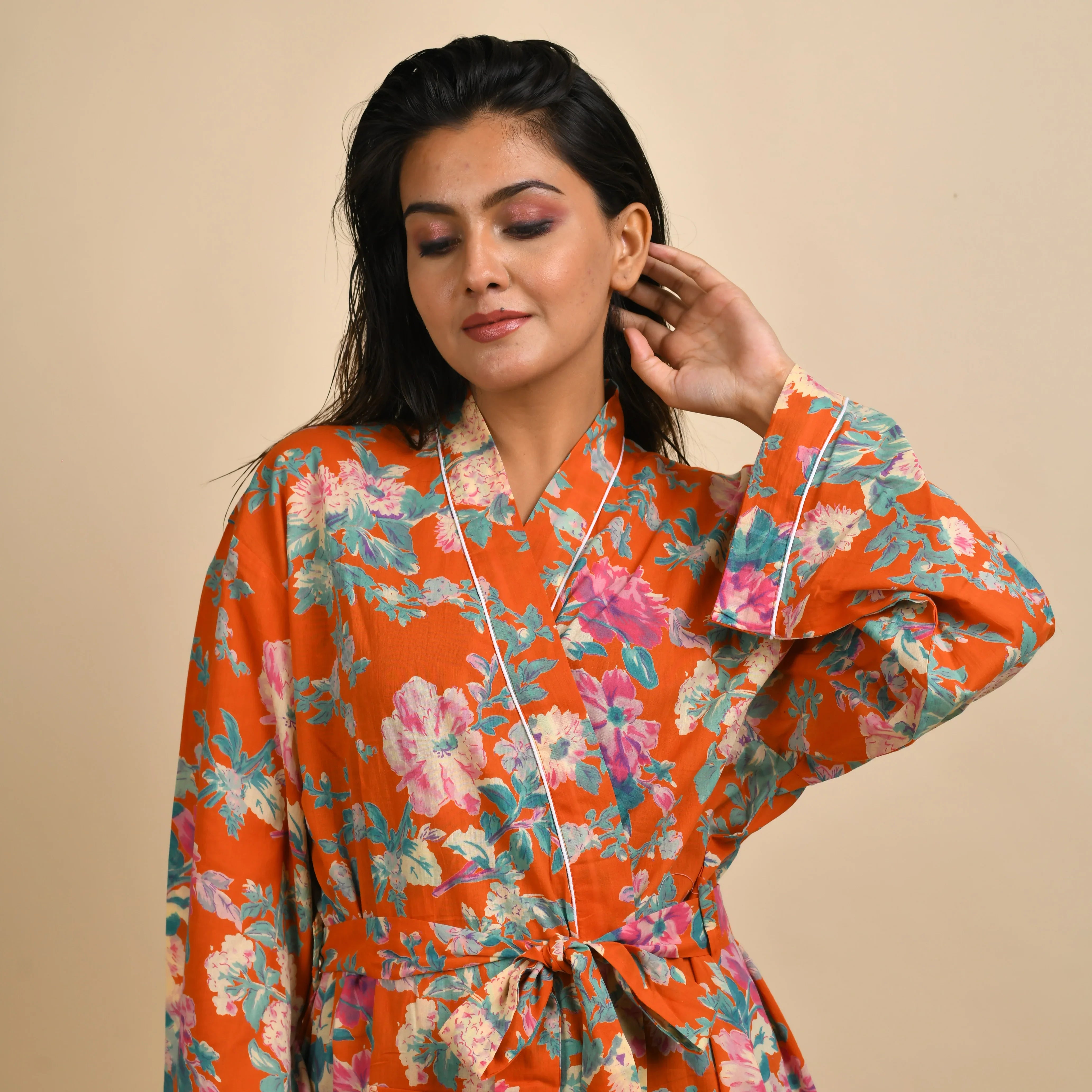 Orange Pure Cotton Hand printed kimono robe - SanskrutiHomes