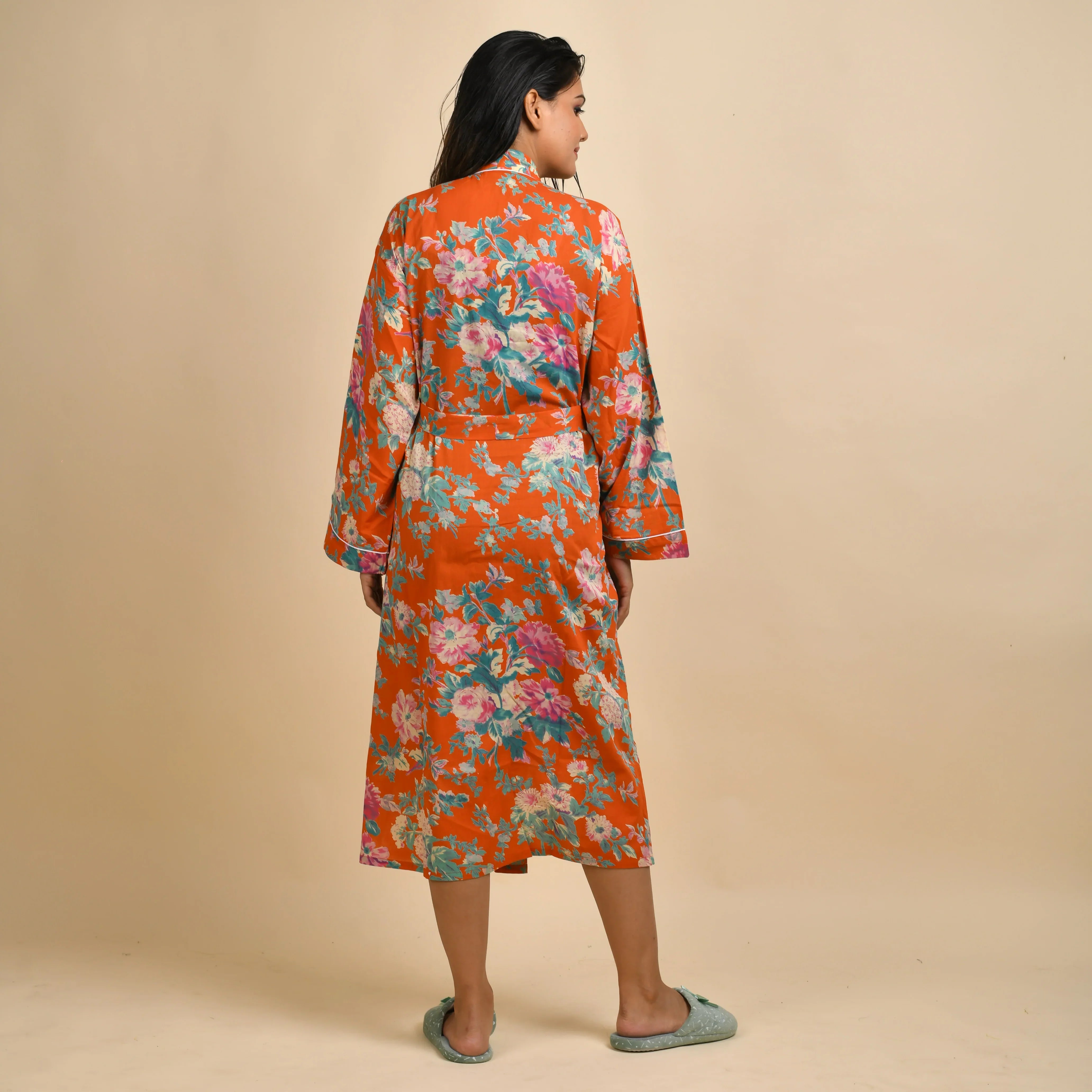 Orange Pure Cotton Hand printed kimono robe - SanskrutiHomes