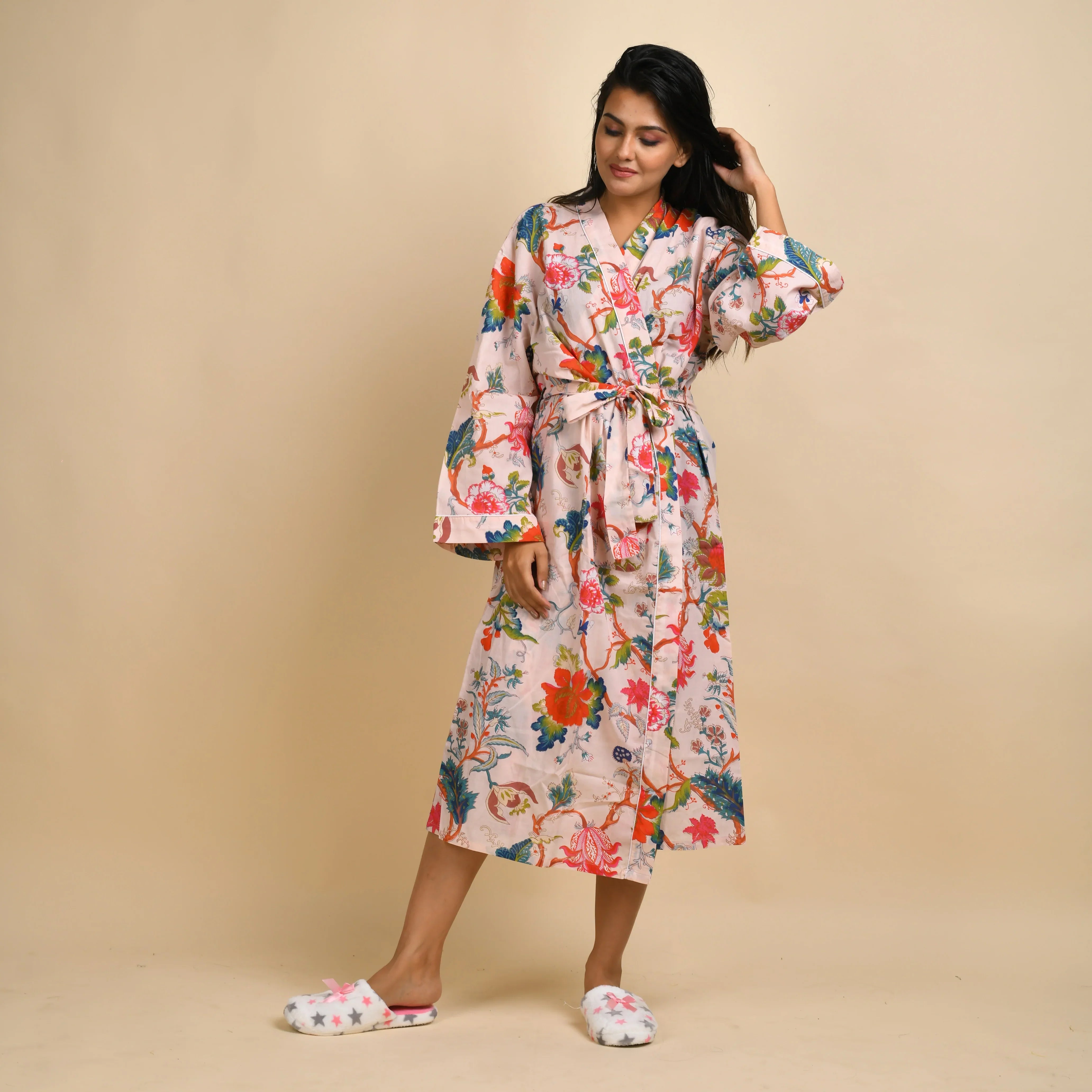 Multi-colour Pure Cotton kimono robe - SanskrutiHomes