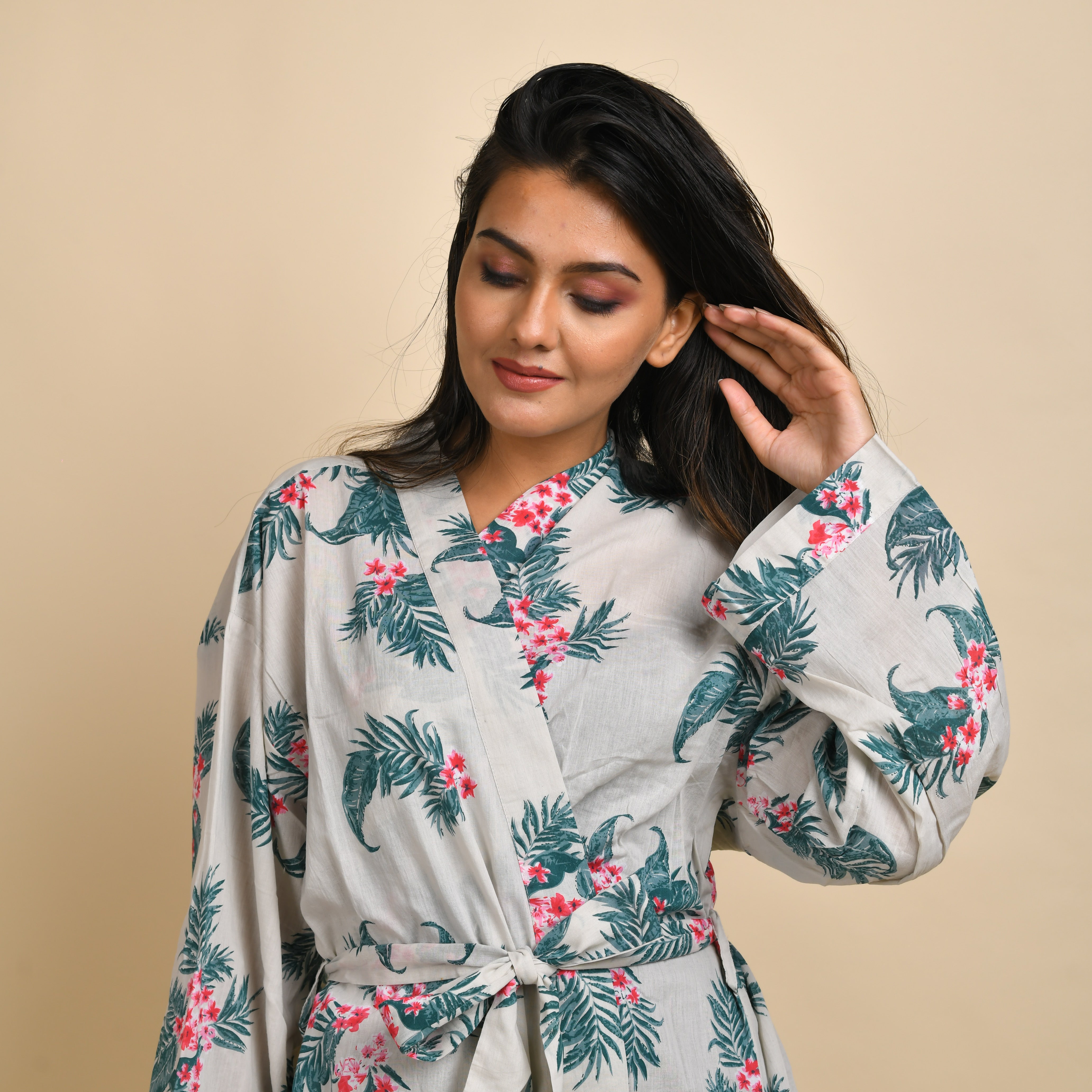 Hand printed Leaf Cotton kimono robe