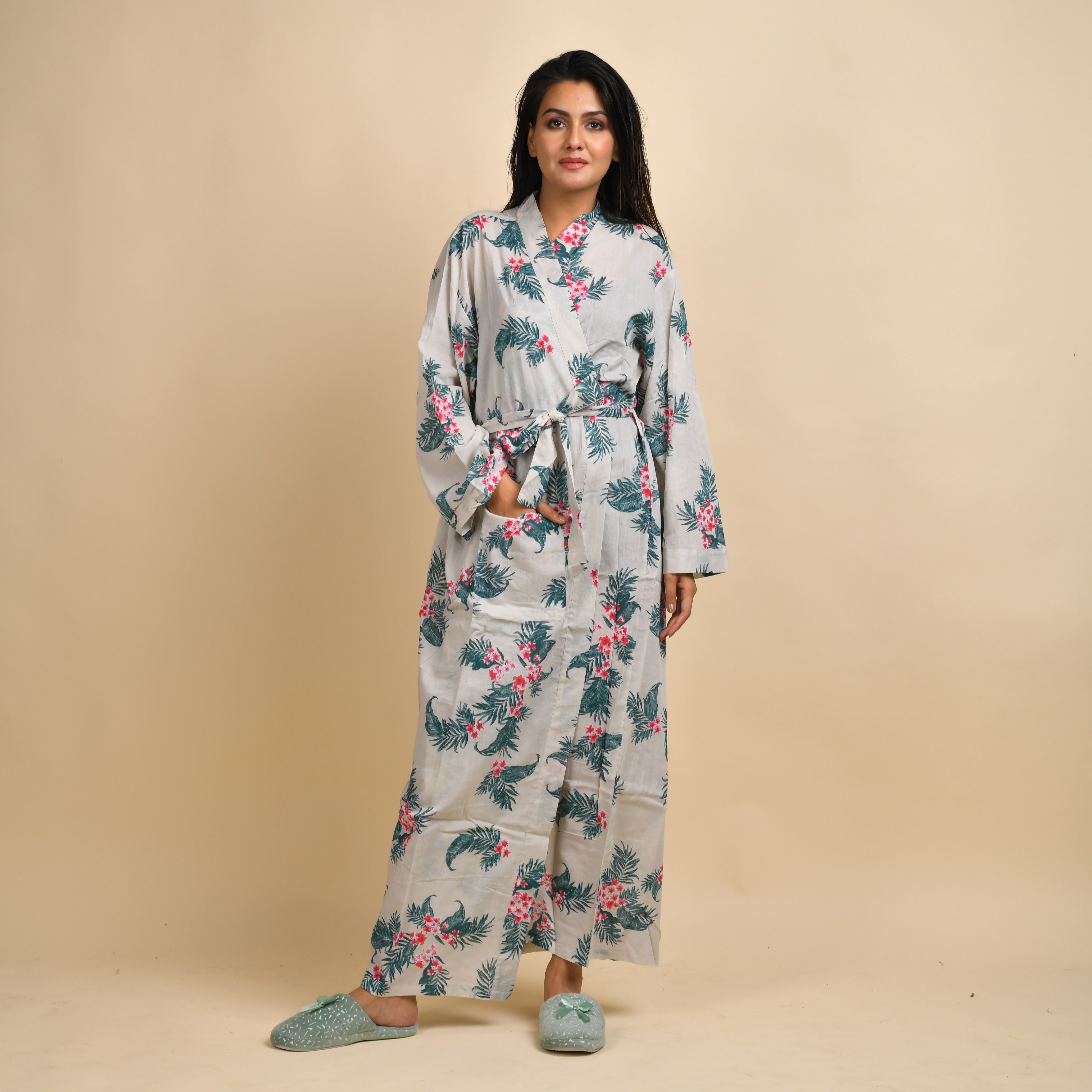 Hand printed Leaf Cotton kimono robe