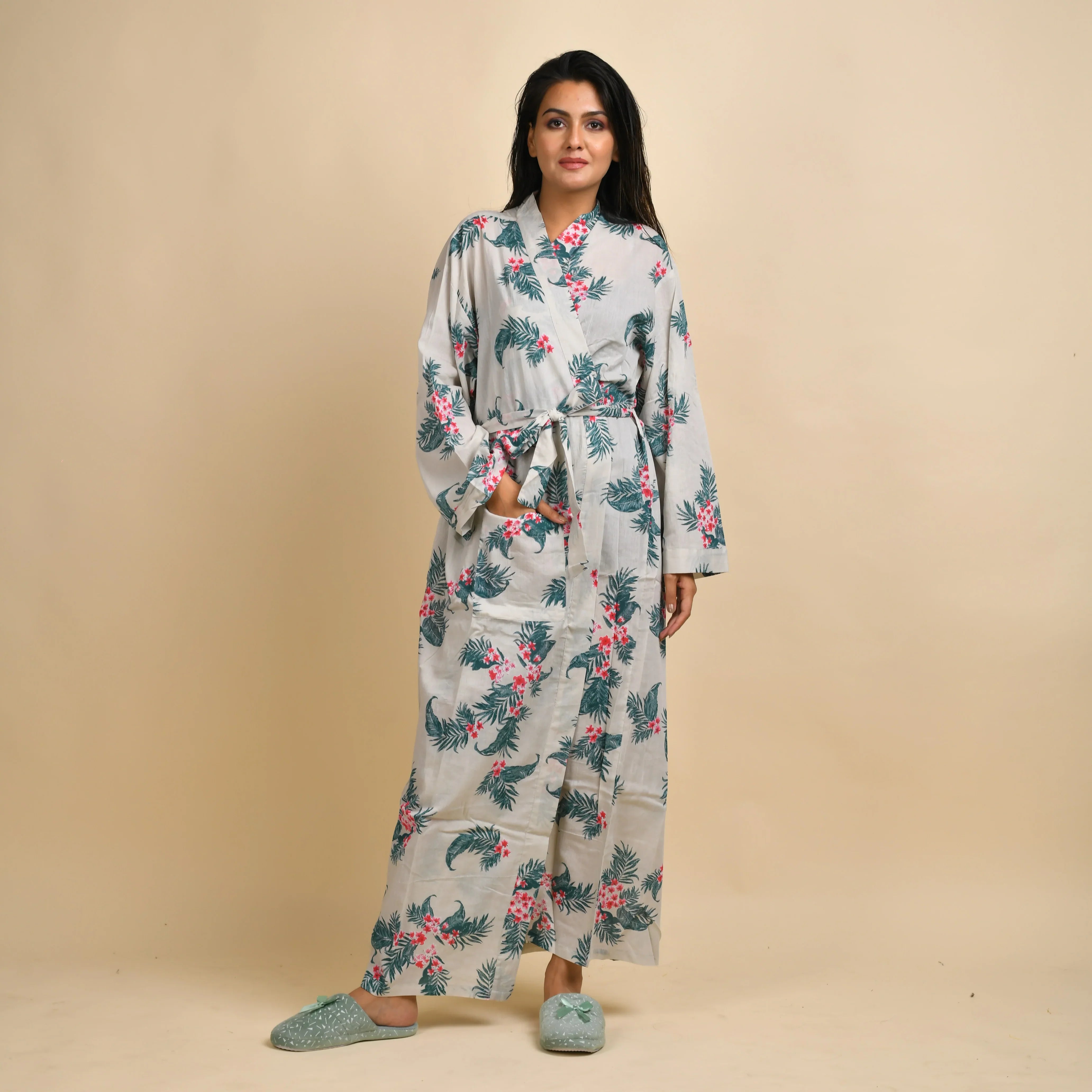 Hand printed Leaf Cotton kimono robe - SanskrutiHomes