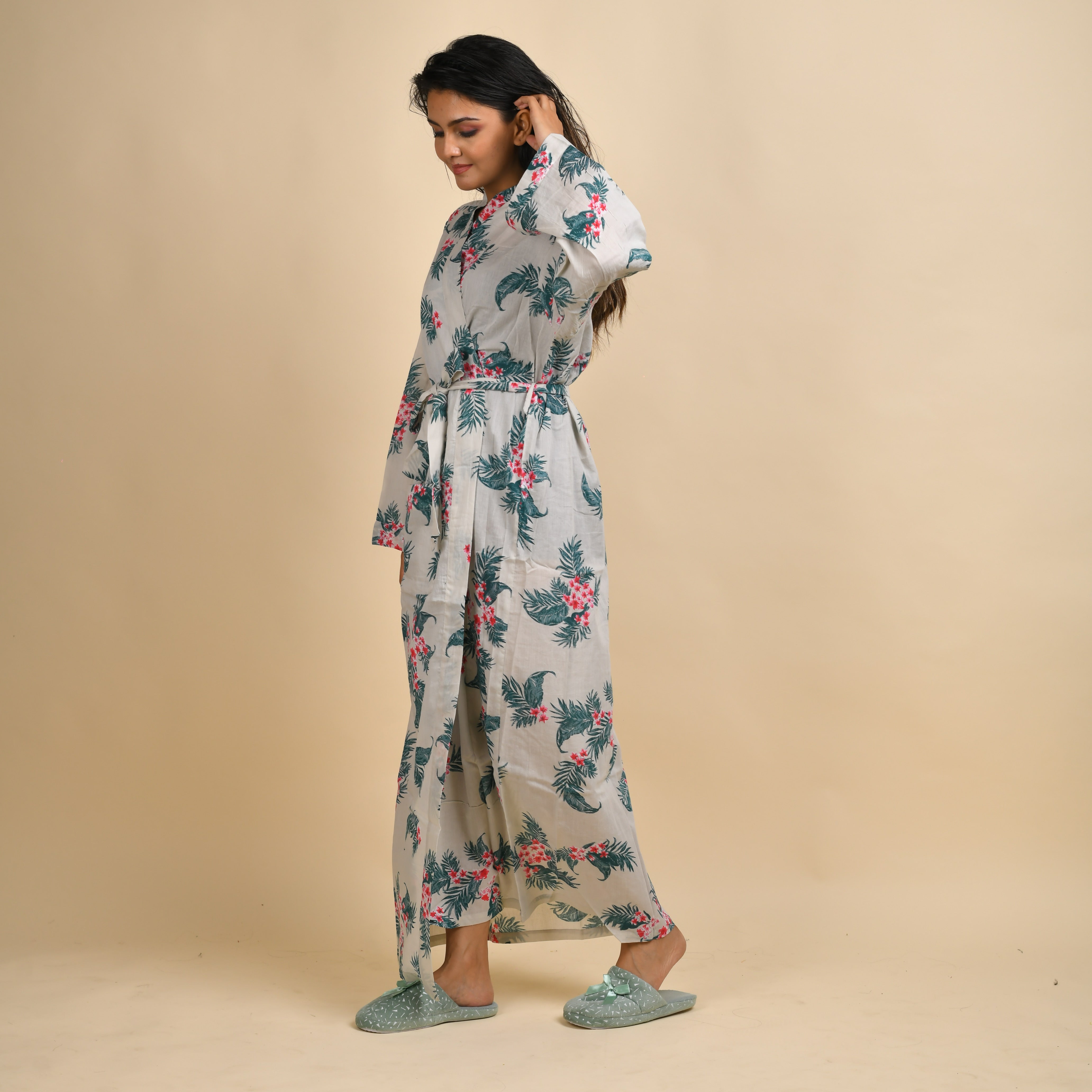 Hand printed Leaf Cotton kimono robe