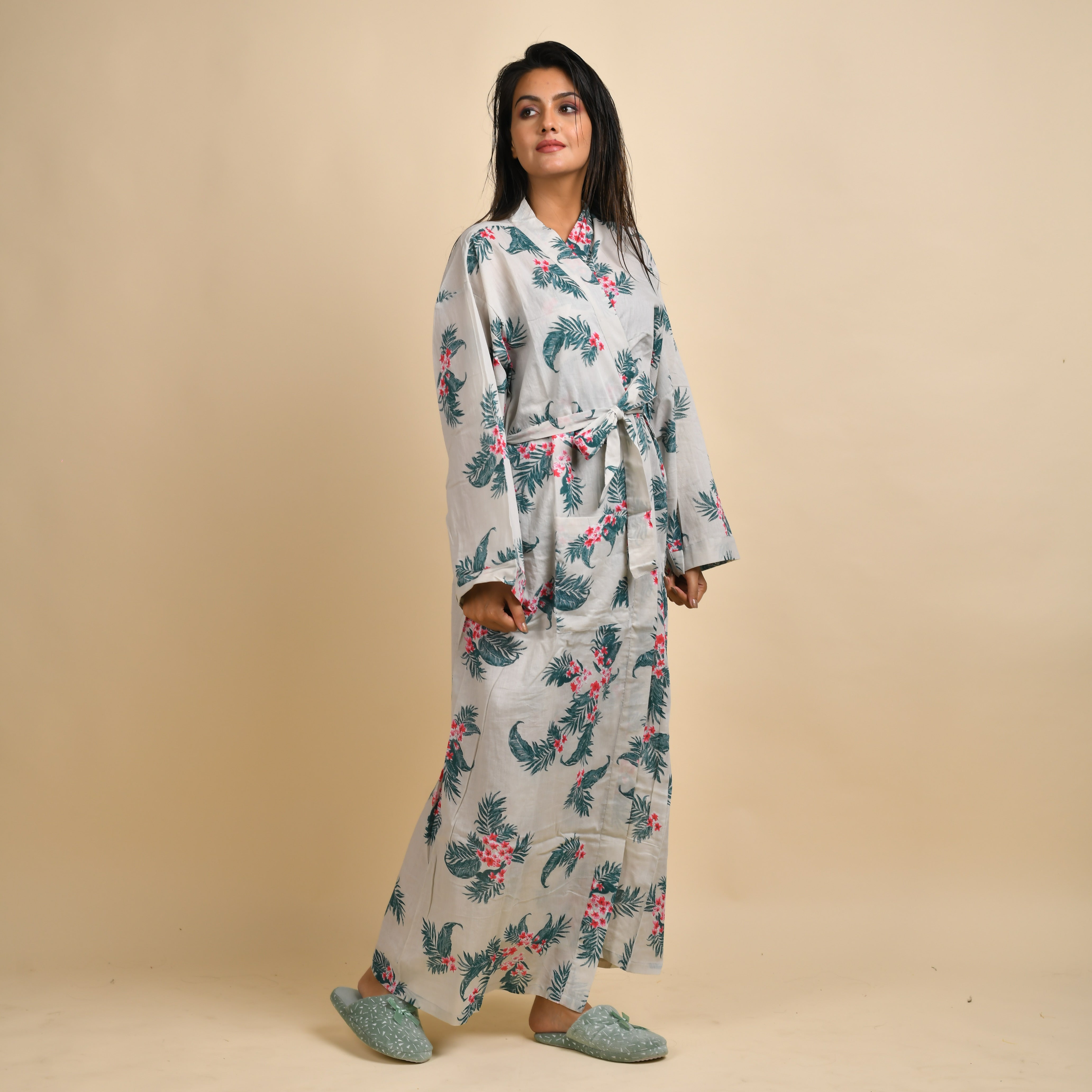 Hand printed Leaf Cotton kimono robe