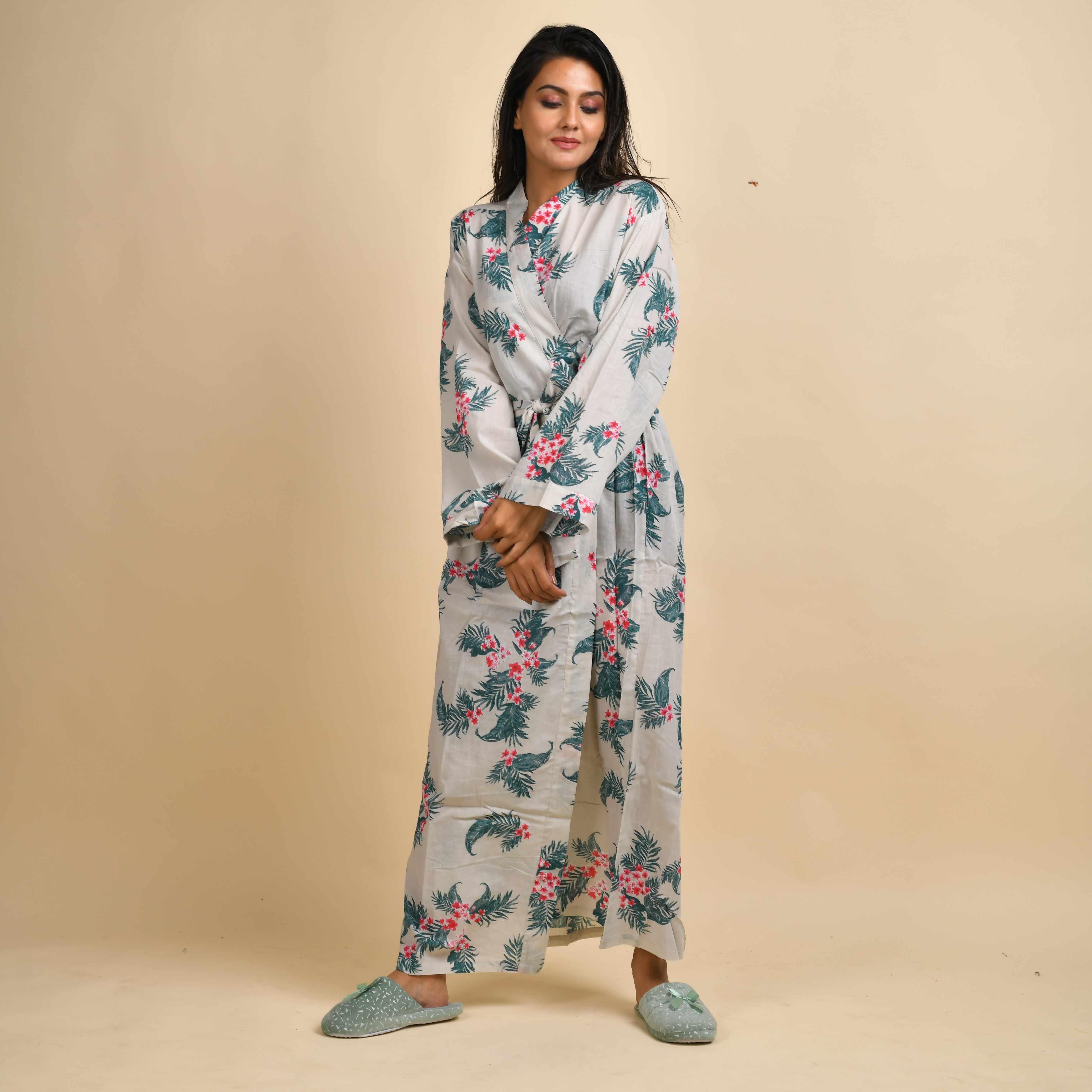 Hand printed Leaf Cotton kimono robe