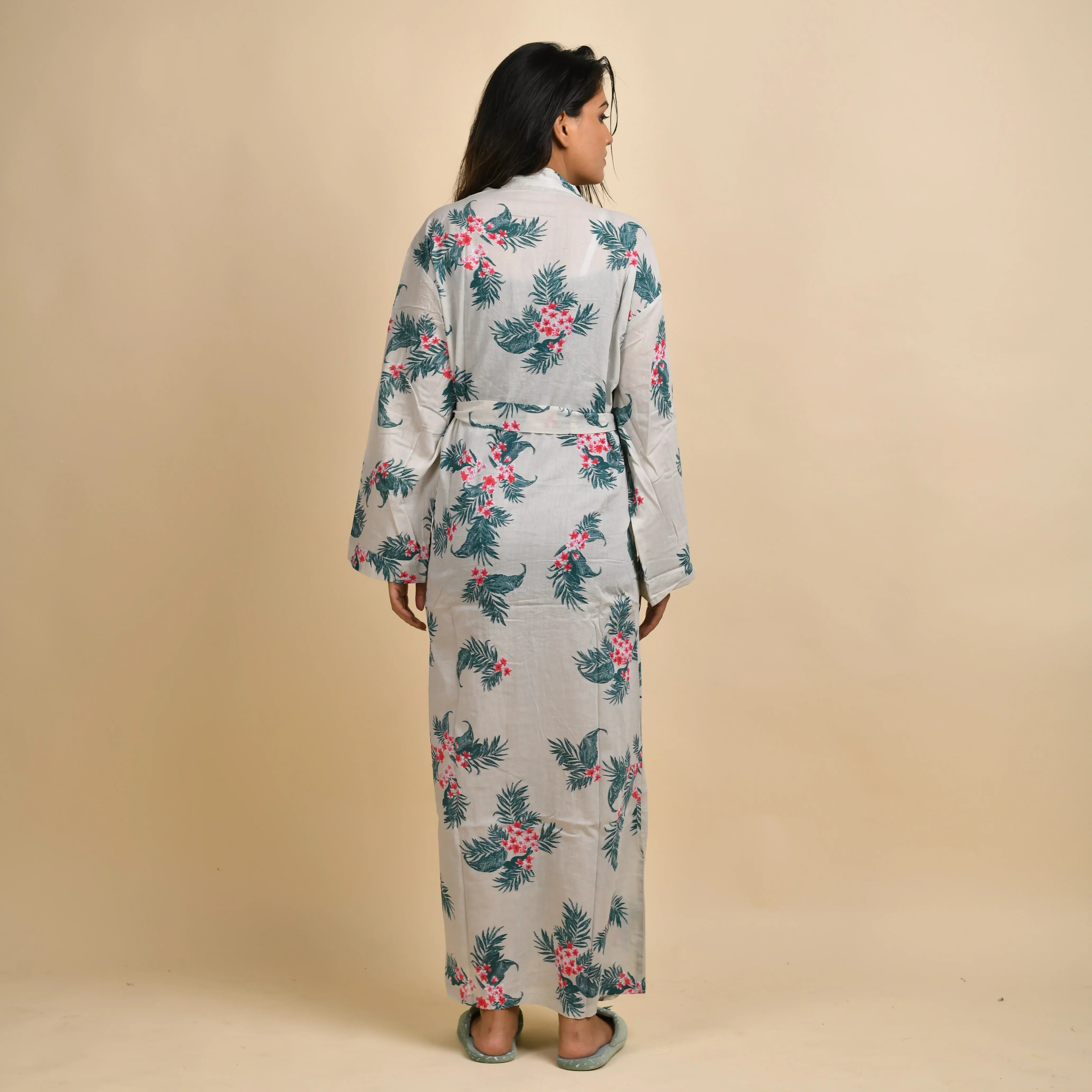 Hand printed Leaf Cotton kimono robe - SanskrutiHomes
