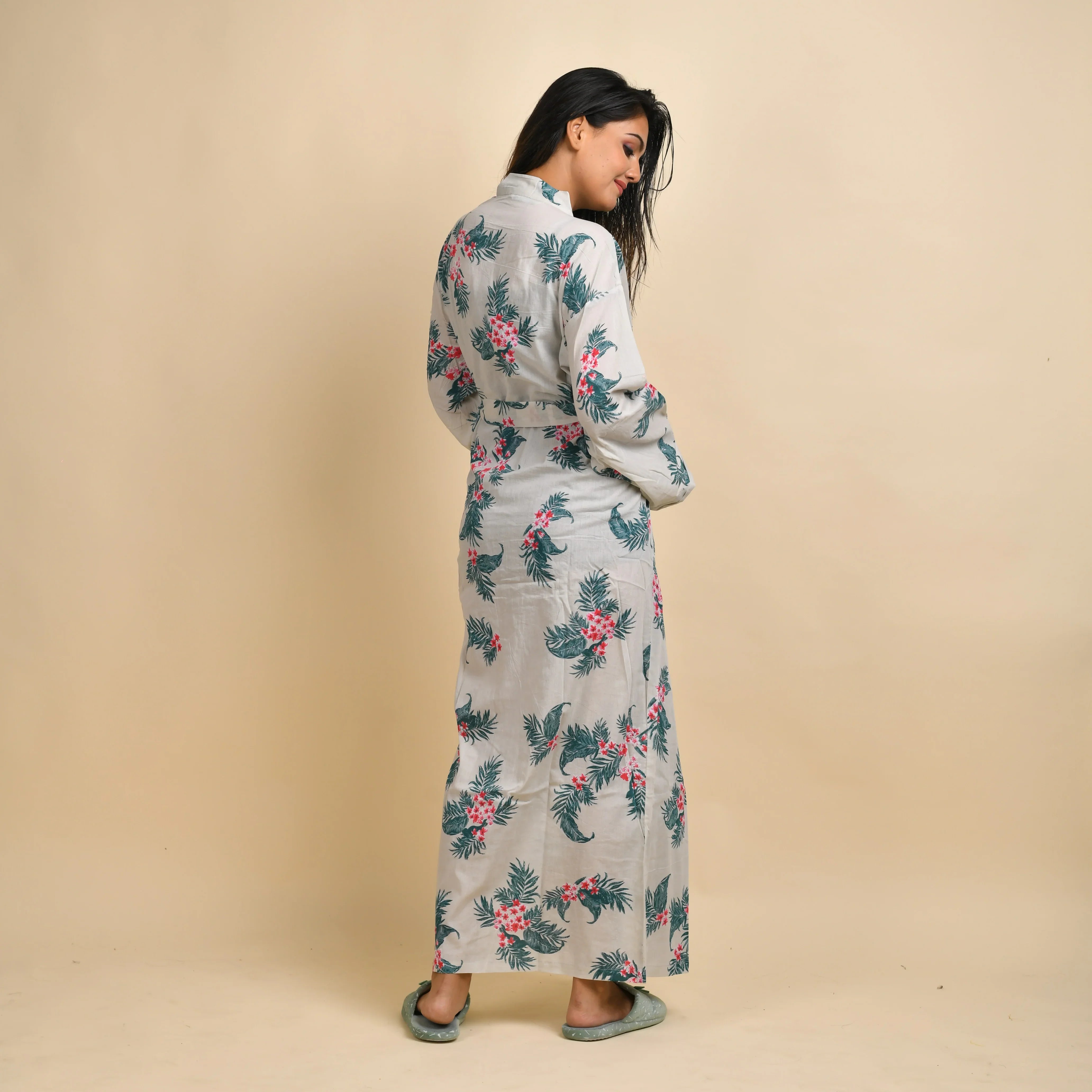 Hand printed Leaf Cotton kimono robe - SanskrutiHomes