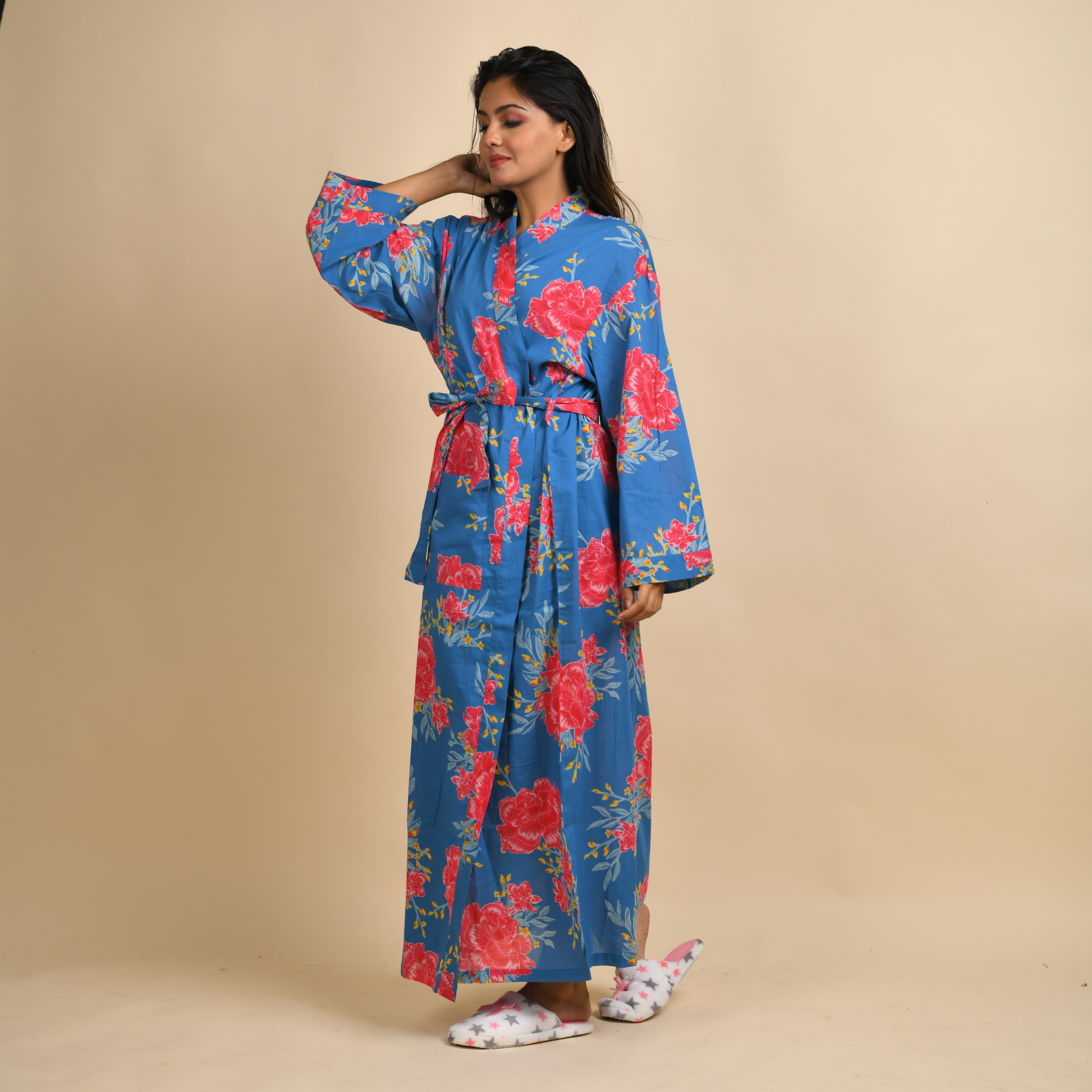 Blue Pure Cotton Hand printed kimono robe