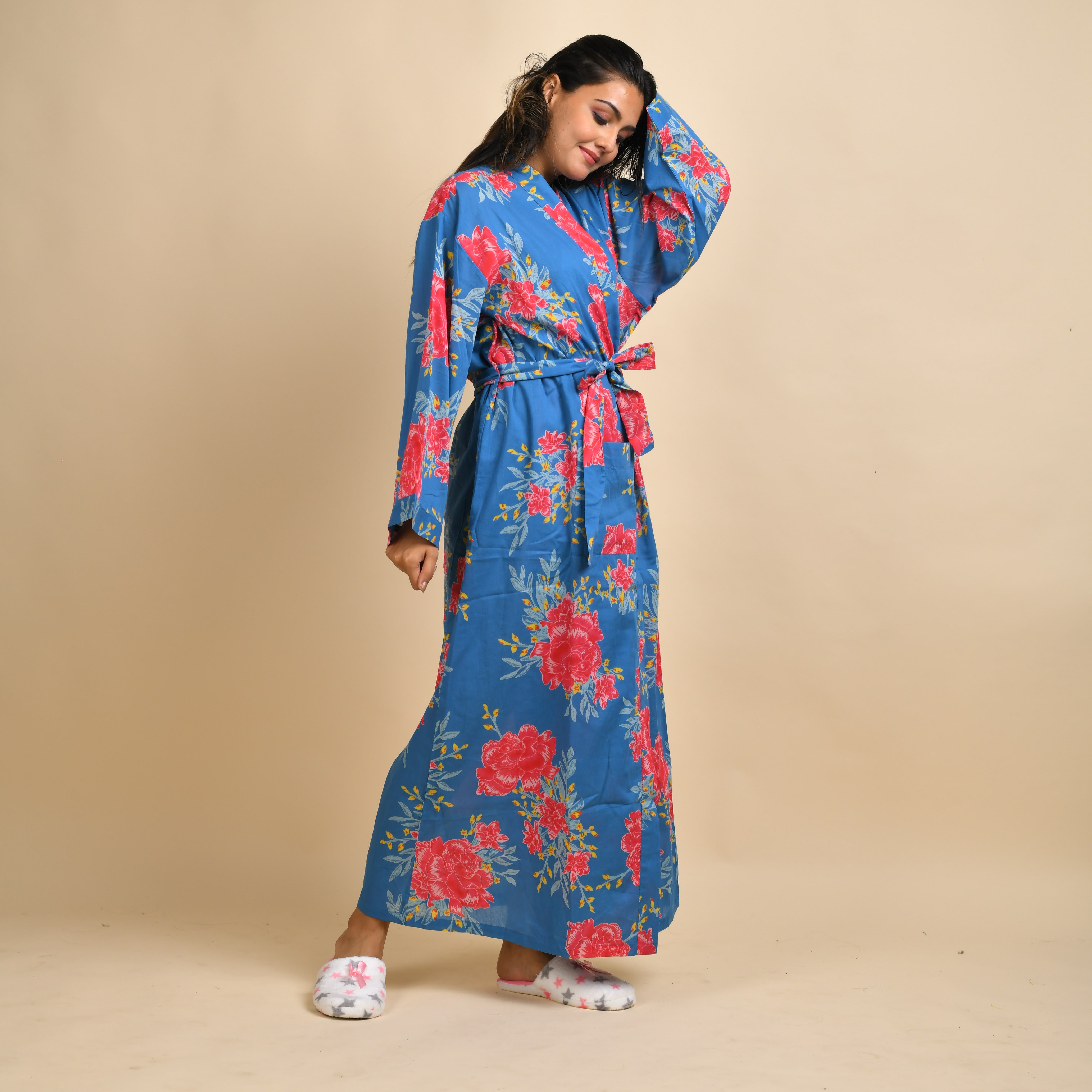 Blue Pure Cotton Hand printed kimono robe