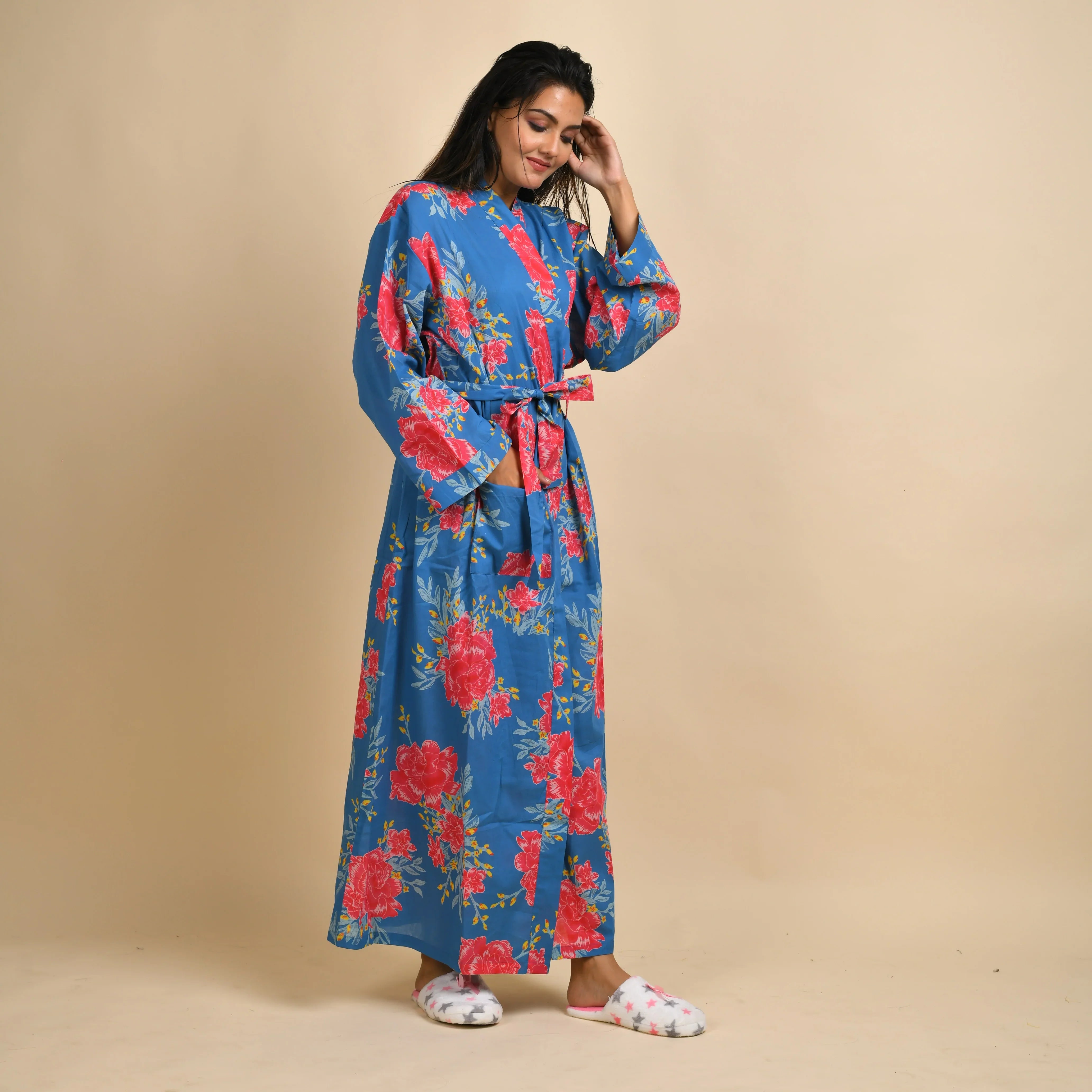 Blue Pure Cotton Hand printed kimono robe - SanskrutiHomes