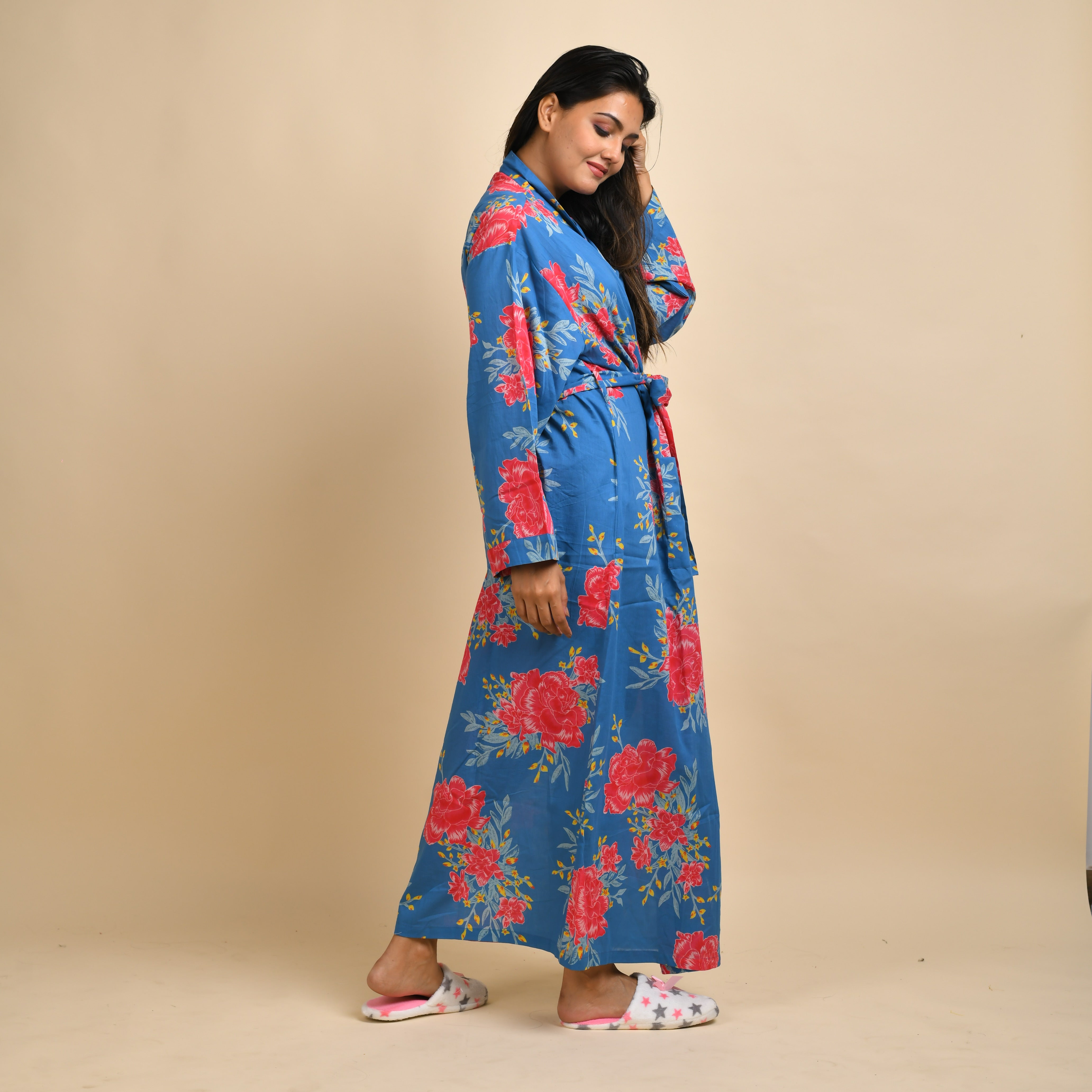 Blue Pure Cotton Hand printed kimono robe
