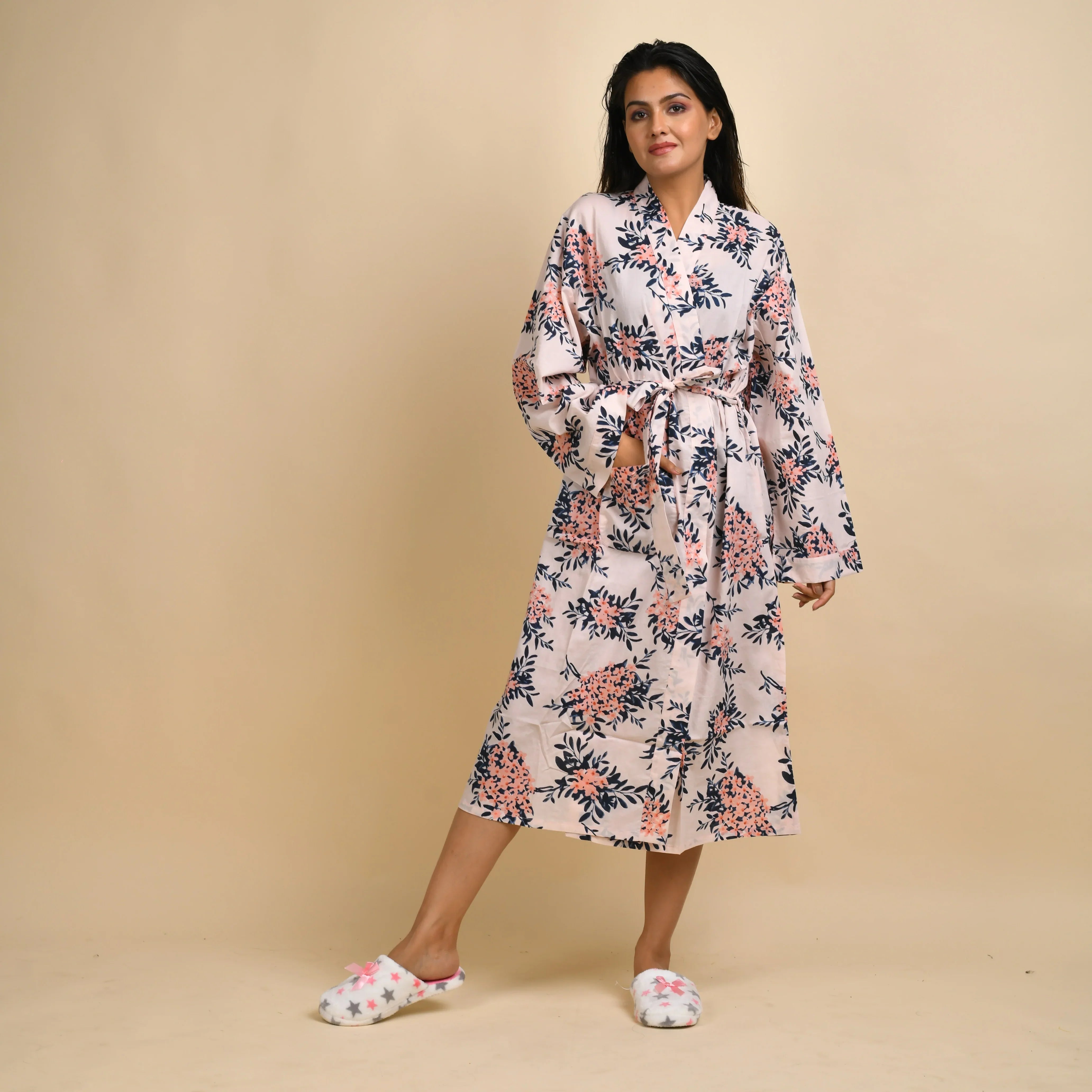 Cream Pink Cotton Hand printed kimono robe - SanskrutiHomes