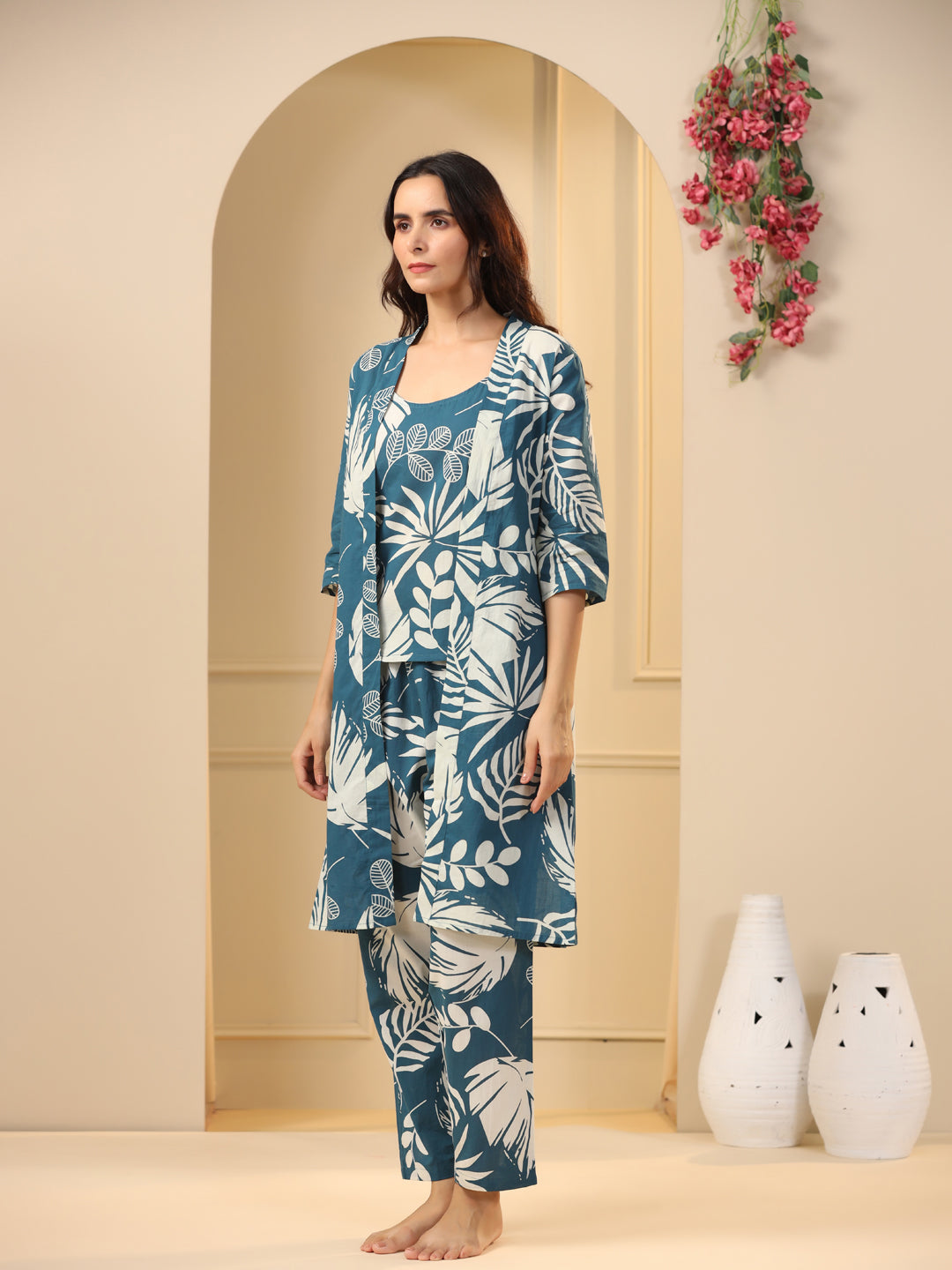 Teal Cotton Printed 3 PEICE Night Suit Set with Pyjama