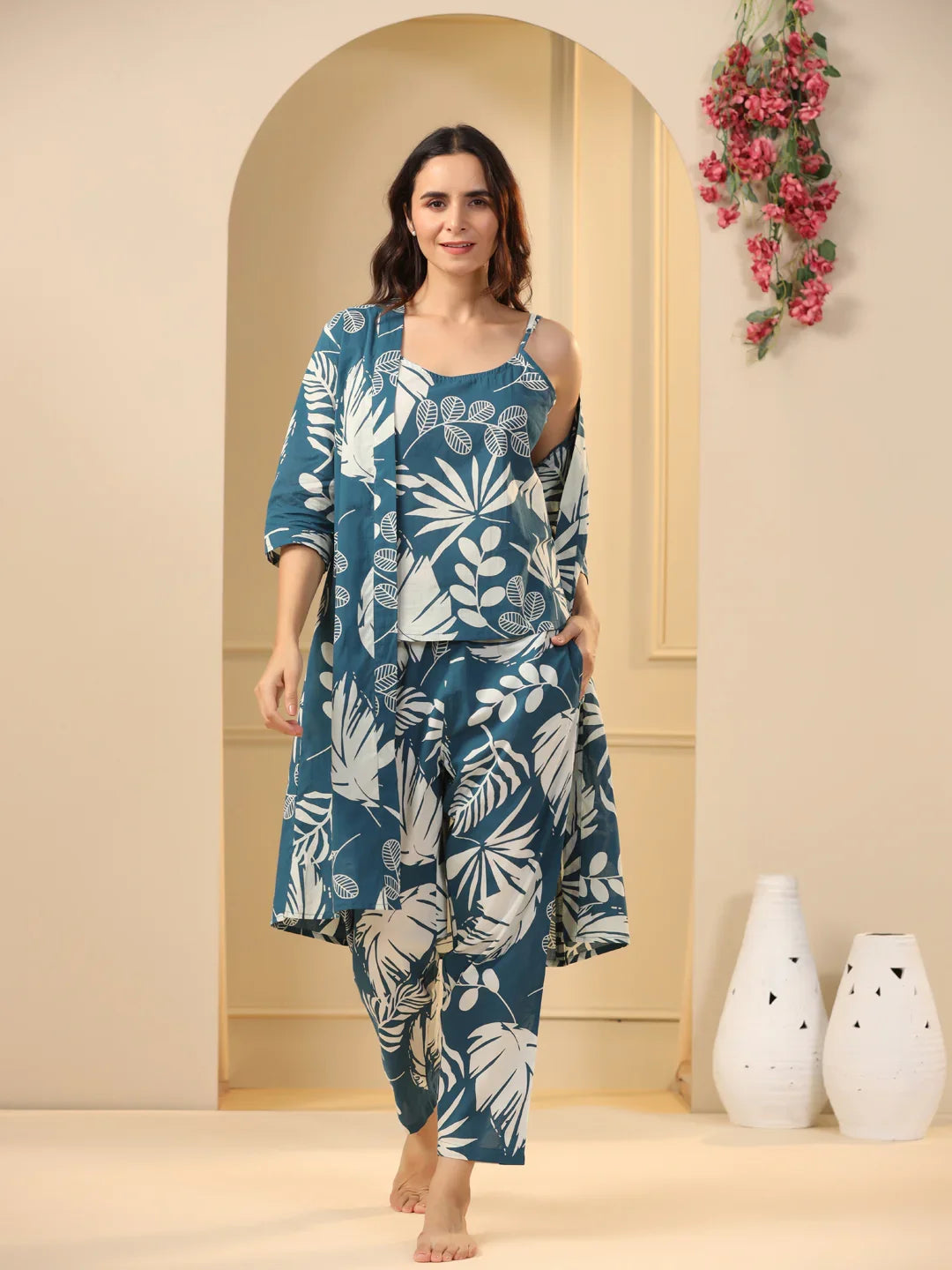 Teal Cotton Printed 3 PEICE Night Suit Set with Pyjama - SanskrutiHomes
