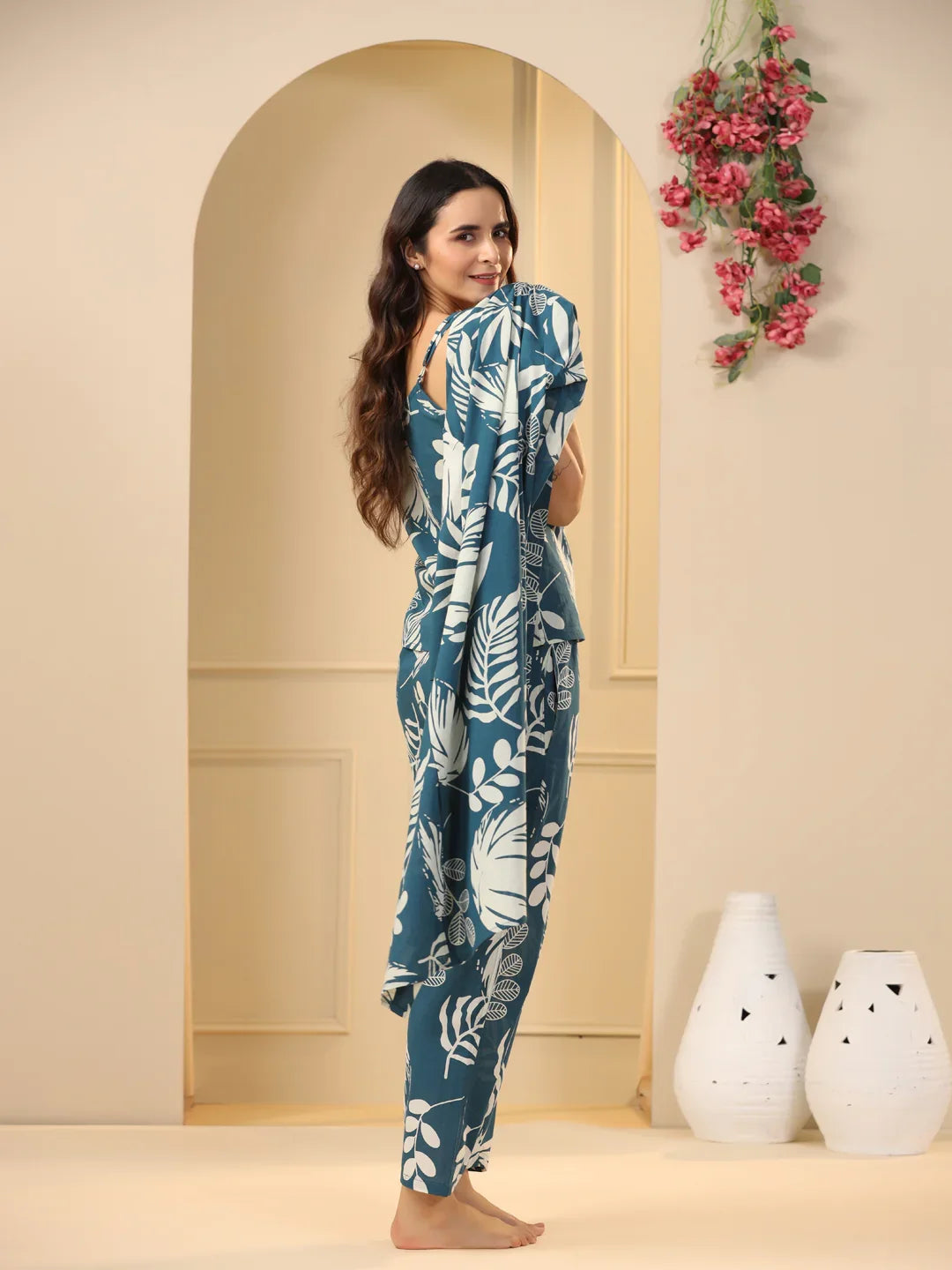 Teal Cotton Printed 3 PEICE Night Suit Set with Pyjama - SanskrutiHomes
