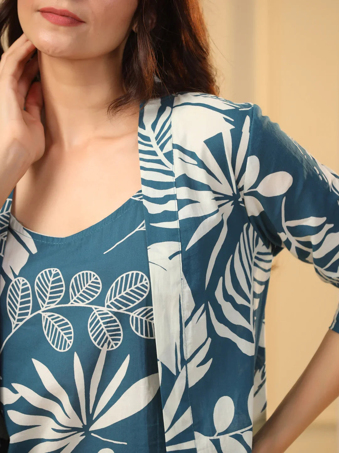 Teal Cotton Printed 3 PEICE Night Suit Set with Pyjama - SanskrutiHomes