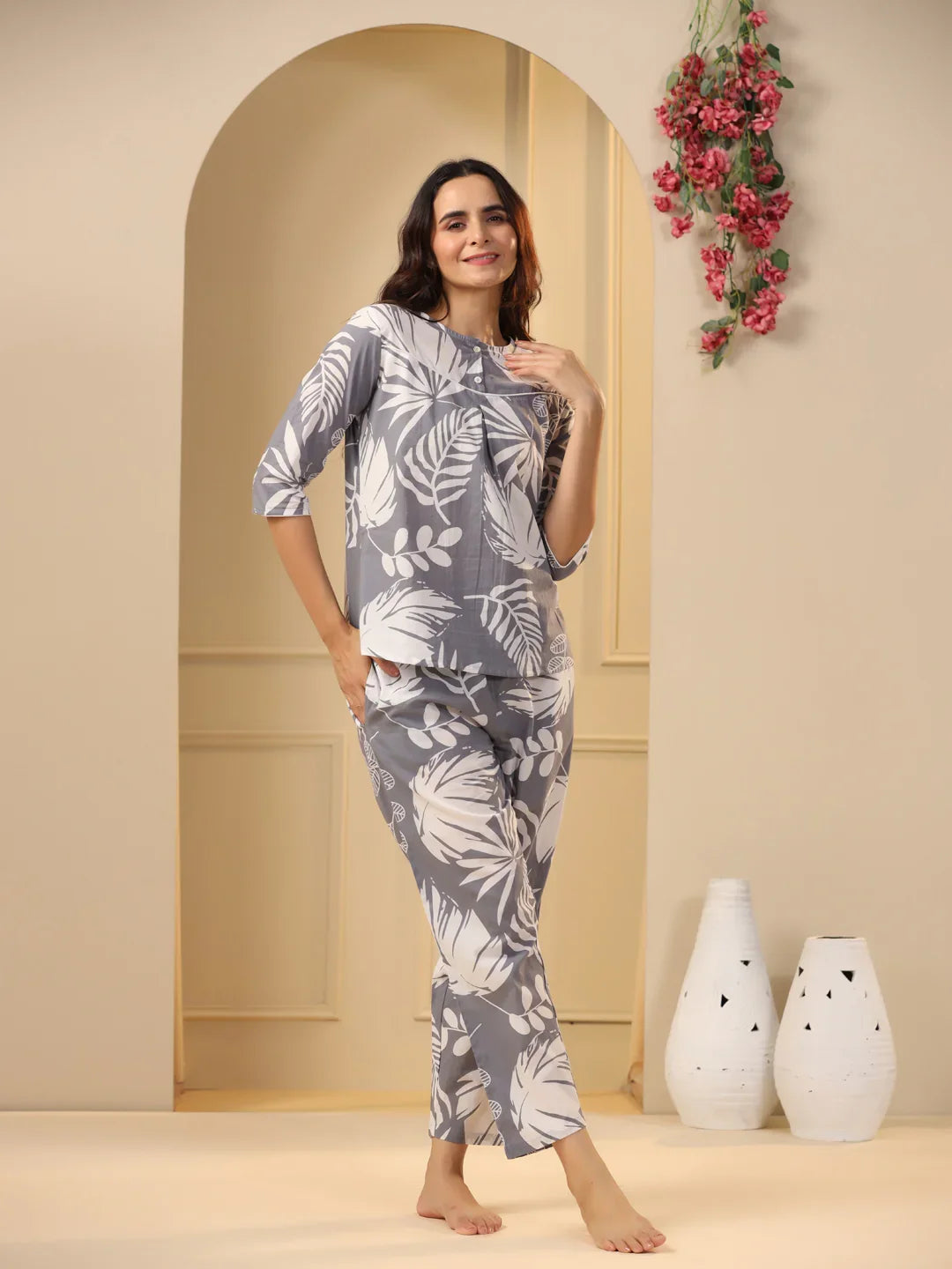 Grey Cotton Printed Night Suit Set with Pajama - SanskrutiHomes