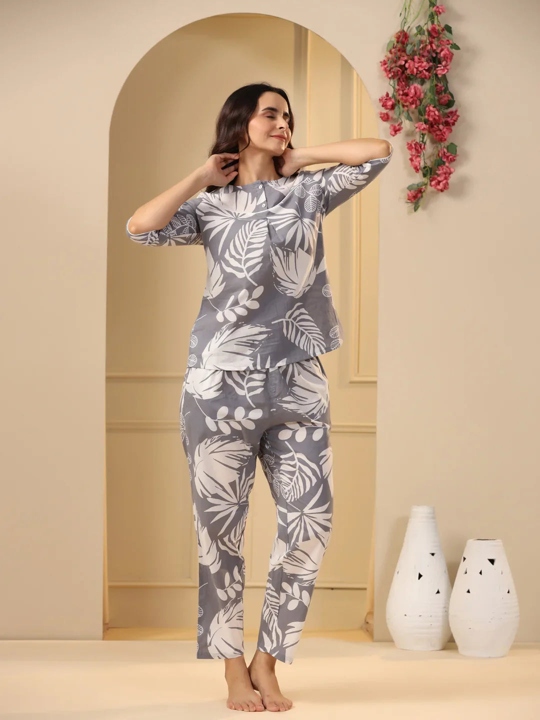 Grey Cotton Printed Night Suit Set with Pajama - SanskrutiHomes