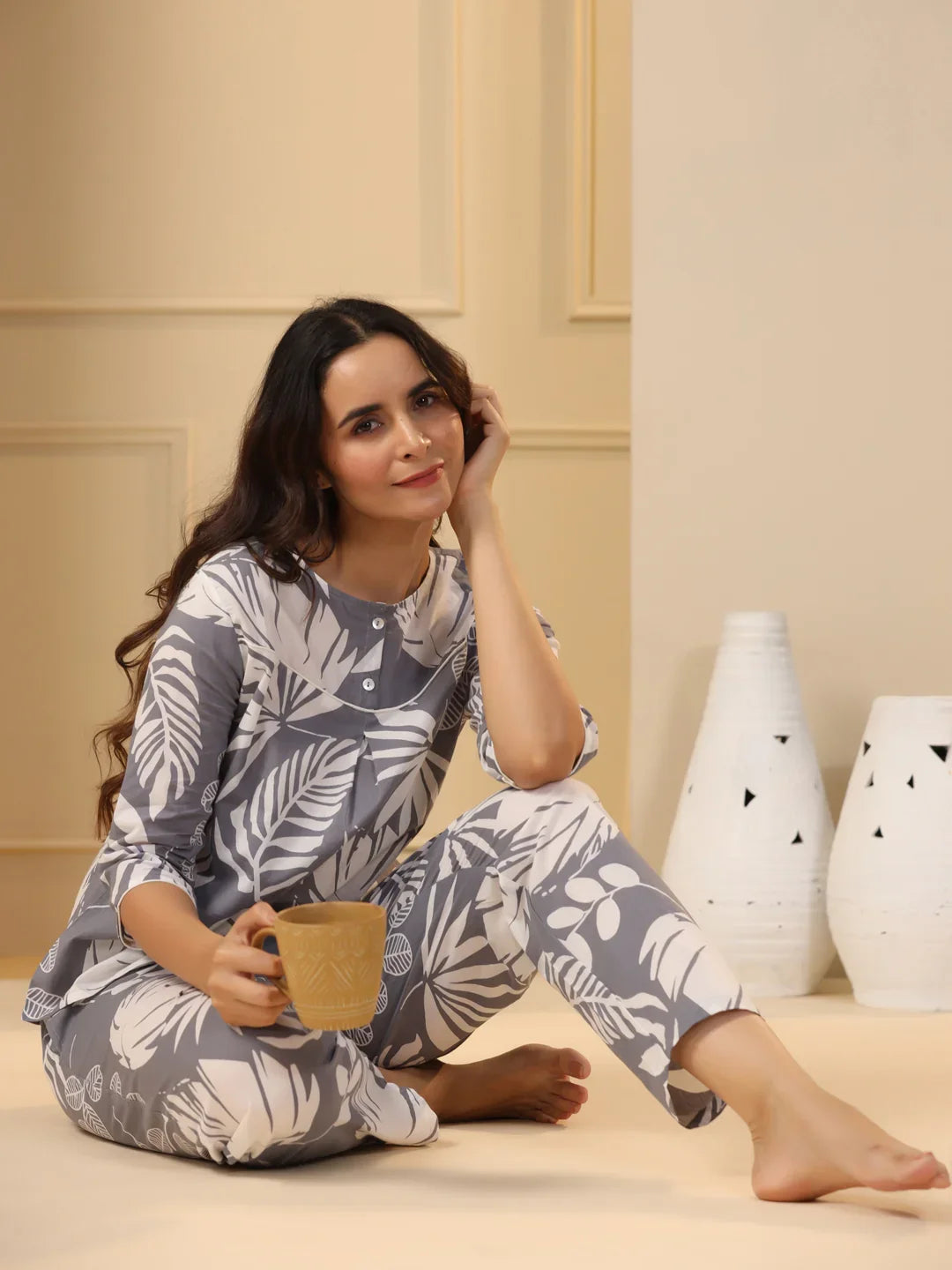 Grey Cotton Printed Night Suit Set with Pajama - SanskrutiHomes