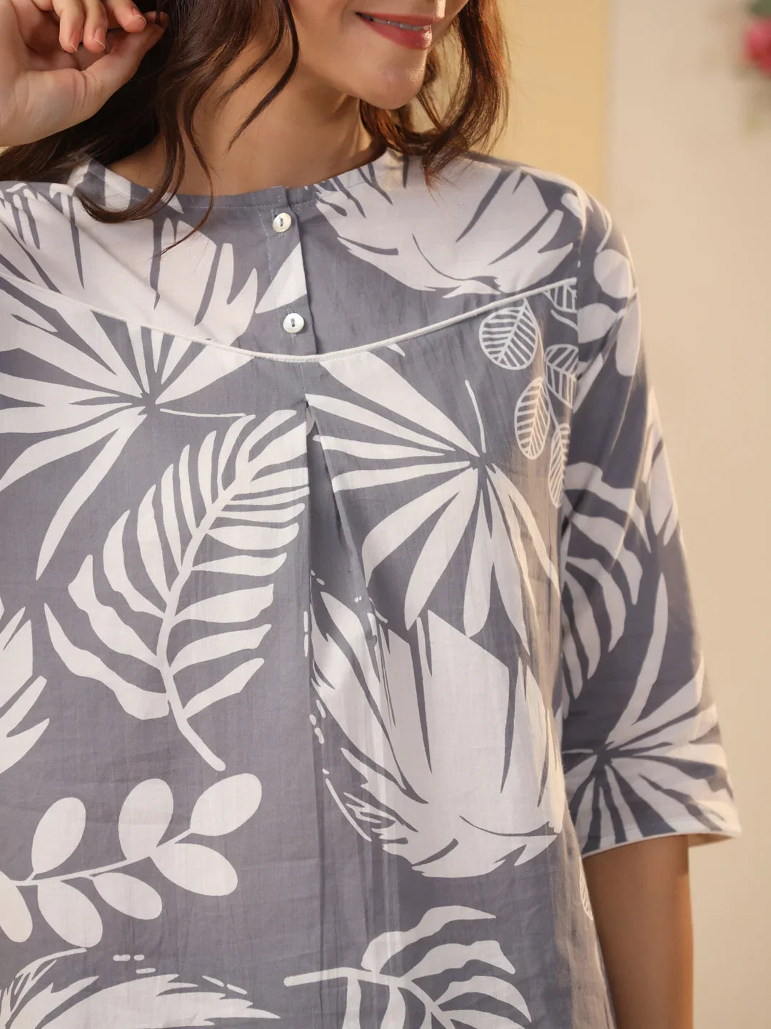 Grey Cotton Printed Night Suit Set with Pajama - SanskrutiHomes