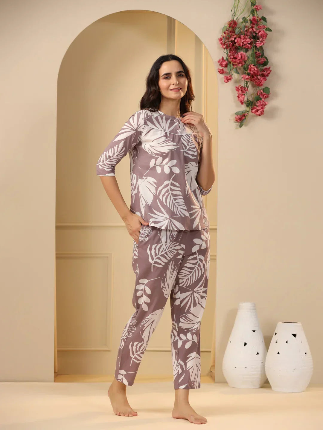Lilac Cotton Printed Night Suit Set with Pajama - SanskrutiHomes