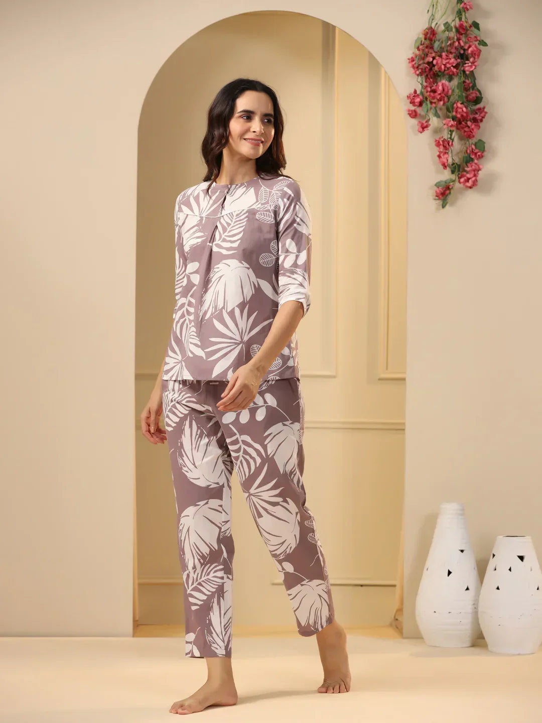 Lilac Cotton Printed Night Suit Set with Pajama - SanskrutiHomes