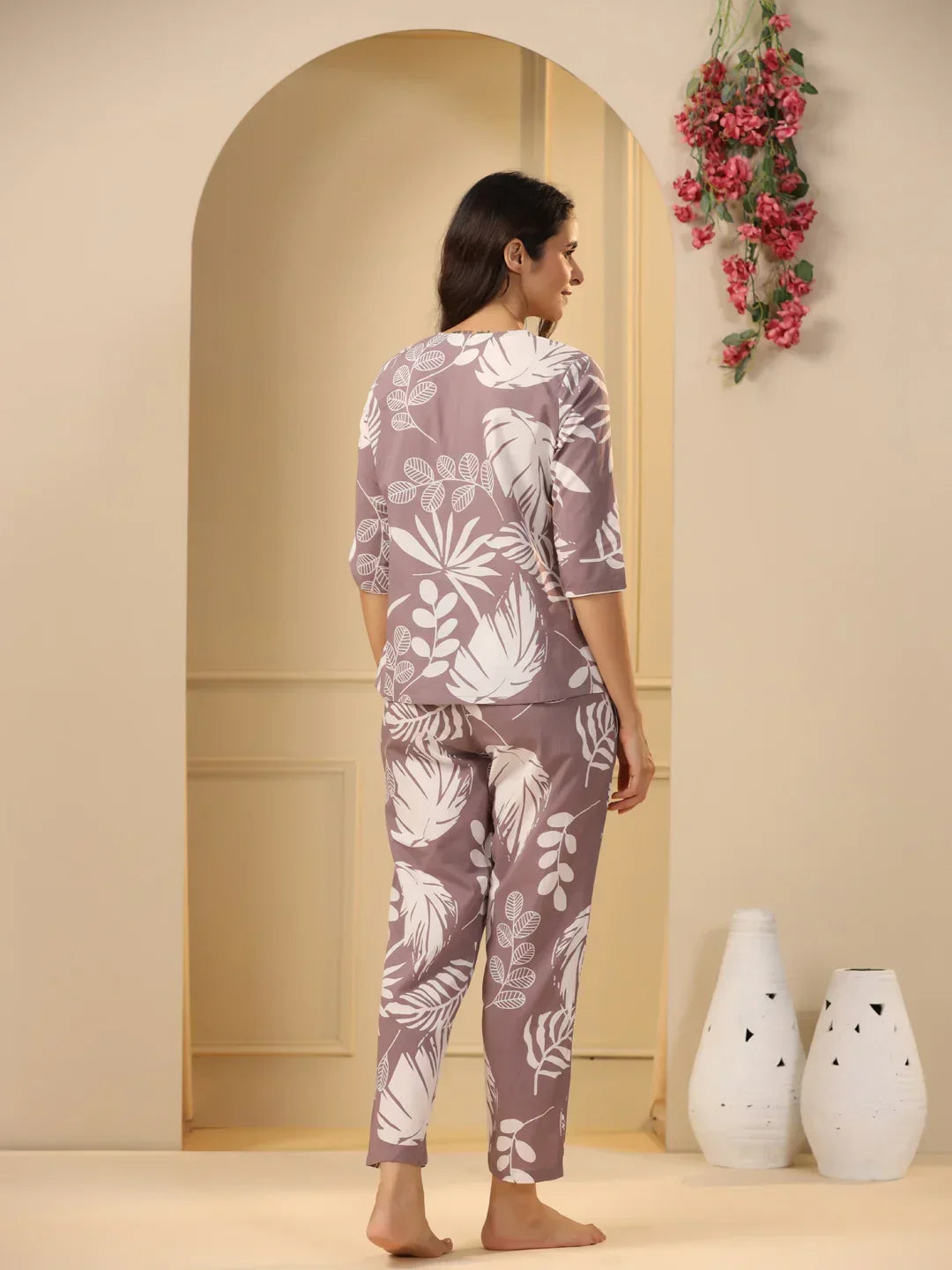 Lilac Cotton Printed Night Suit Set with Pajama - SanskrutiHomes